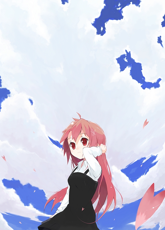 namo, namo (goodbyetears), original, 1girl, black dress, cloud, cloudy sky, day, dress, female focus, long hair, long sleeves, looking at viewer, outdoors, petals, pink hair, red eyes, sky, solo, upper body, very long hair