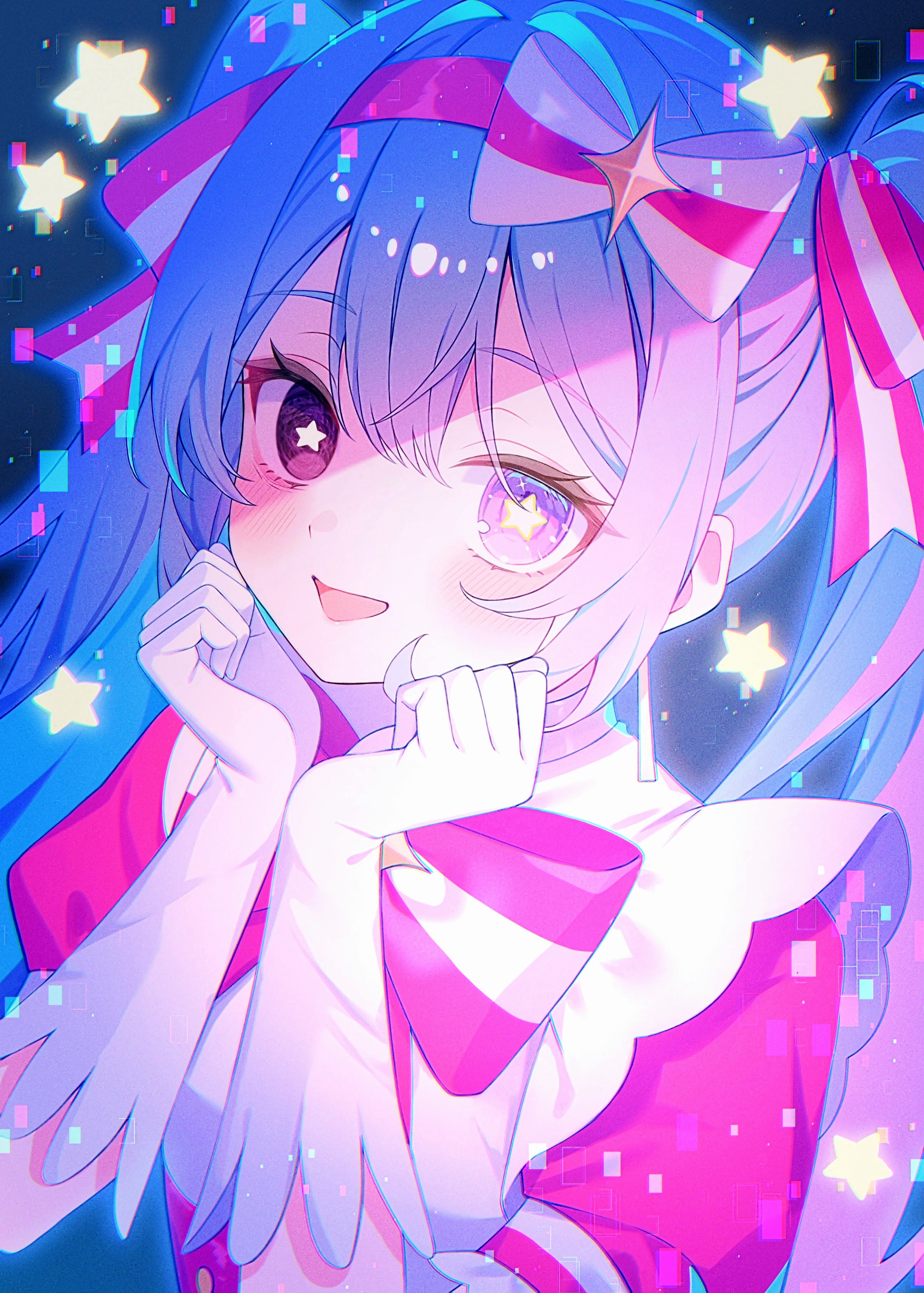 amai melo, hatsune miku, vocaloid, absurdres, commentary, highres, 1girl, :d, blue hair, bow, bowtie, dress, gloves, hair ribbon, hairband, ima sugu rinne (vocaloid), long hair, magical girl, open mouth, pink bow, pink bowtie, pink dress, pink eyes, pink hairband, pink ribbon, ribbon, smile, solo, star-shaped pupils, star (symbol), symbol-shaped pupils, twintails, upper body, very long hair, white bow, white gloves