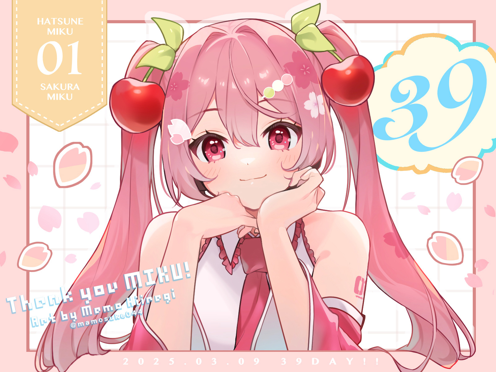mamo (fortune-mm), hatsune miku, sakura miku, vocaloid, commentary request, highres, 1girl, 39, bare shoulders, blush, border, cherry hair ornament, closed mouth, collared shirt, dated, detached sleeves, food-themed hair ornament, grid background, hair between eyes, hair ornament, long hair, long sleeves, looking at viewer, miku day, necktie, number tattoo, outside border, pink border, pink eyes, pink hair, pink necktie, pink sleeves, shirt, shoulder tattoo, sleeveless, sleeveless shirt, smile, solo, tattoo, thank you, twintails, twitter username, upper body, white background, white shirt, wide sleeves