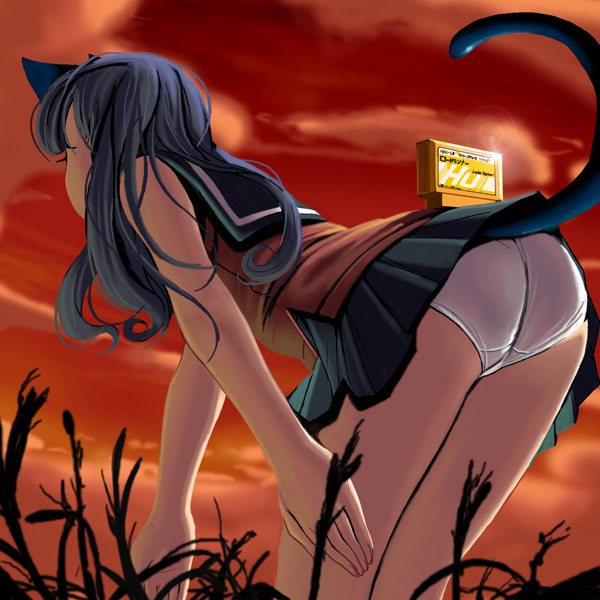 kouno (masao), 1girl, animal ears, ass, bent over, blue hair, cartridge, cat ears, cat tail, cowboy shot, famicom, female focus, game console, lifted by tail, panties, school uniform, serafuku, solo, tail, underwear