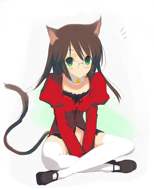 yaegashi nan, original, animal ears, brown hair, cat ears, cat tail, glasses, green eyes, indian style, sitting, solo, tail, thighhighs