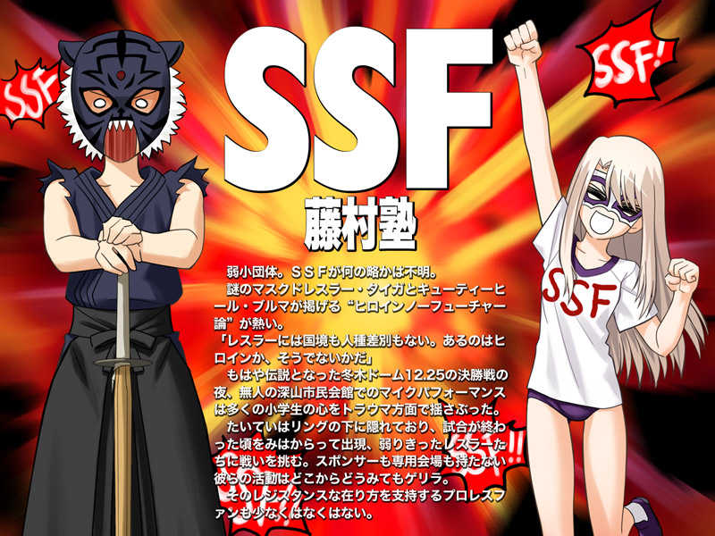 takeuchi takashi, fujimura taiga, illyasviel von einzbern, fate/stay night, fate (series), silver hair, translation request, 00s, 2girls, april fools, arm up, buruma, clenched hands, gym uniform, hands on hilt, kendo, mask, multiple girls, official alternate costume, purple buruma, raised fist, shinai, sleeveless, sword, weapon, wrestling