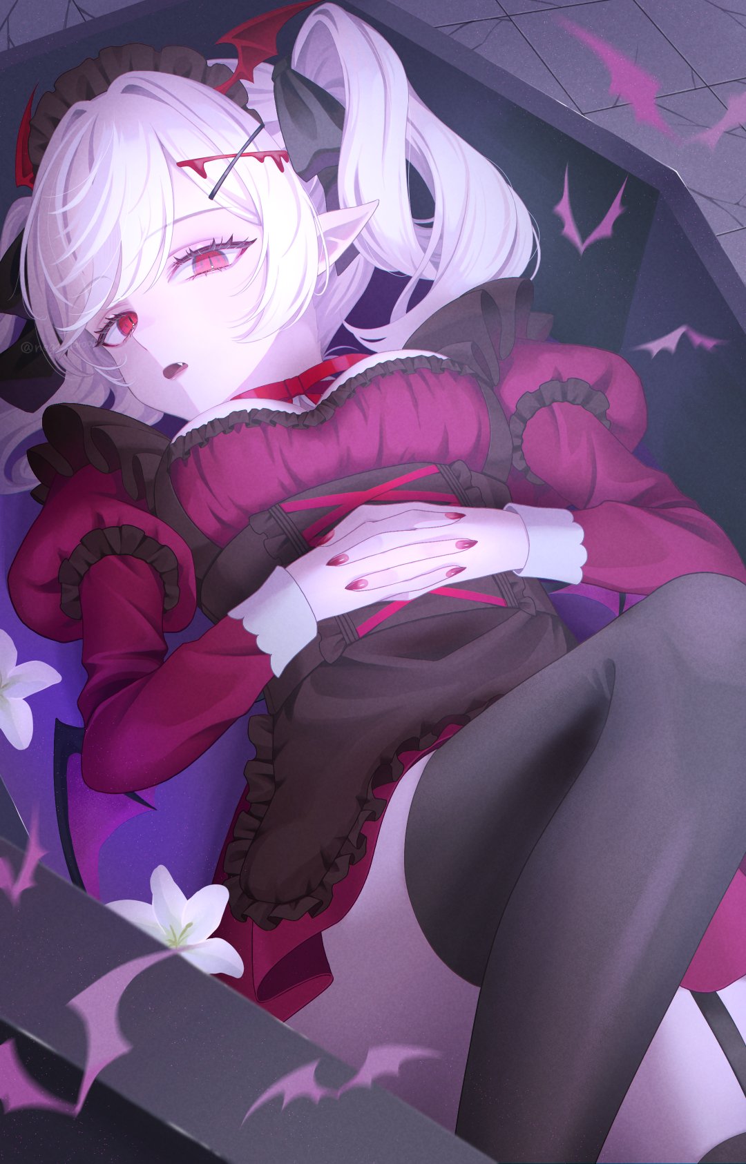 nagi-negitoro, original, highres, 1girl, black pantyhose, breasts, large breasts, long hair, long sleeves, looking at viewer, maid, nail polish, open mouth, pantyhose, pointy ears, red eyes, short hair, simple background, solo, twintails, vampire, white hair