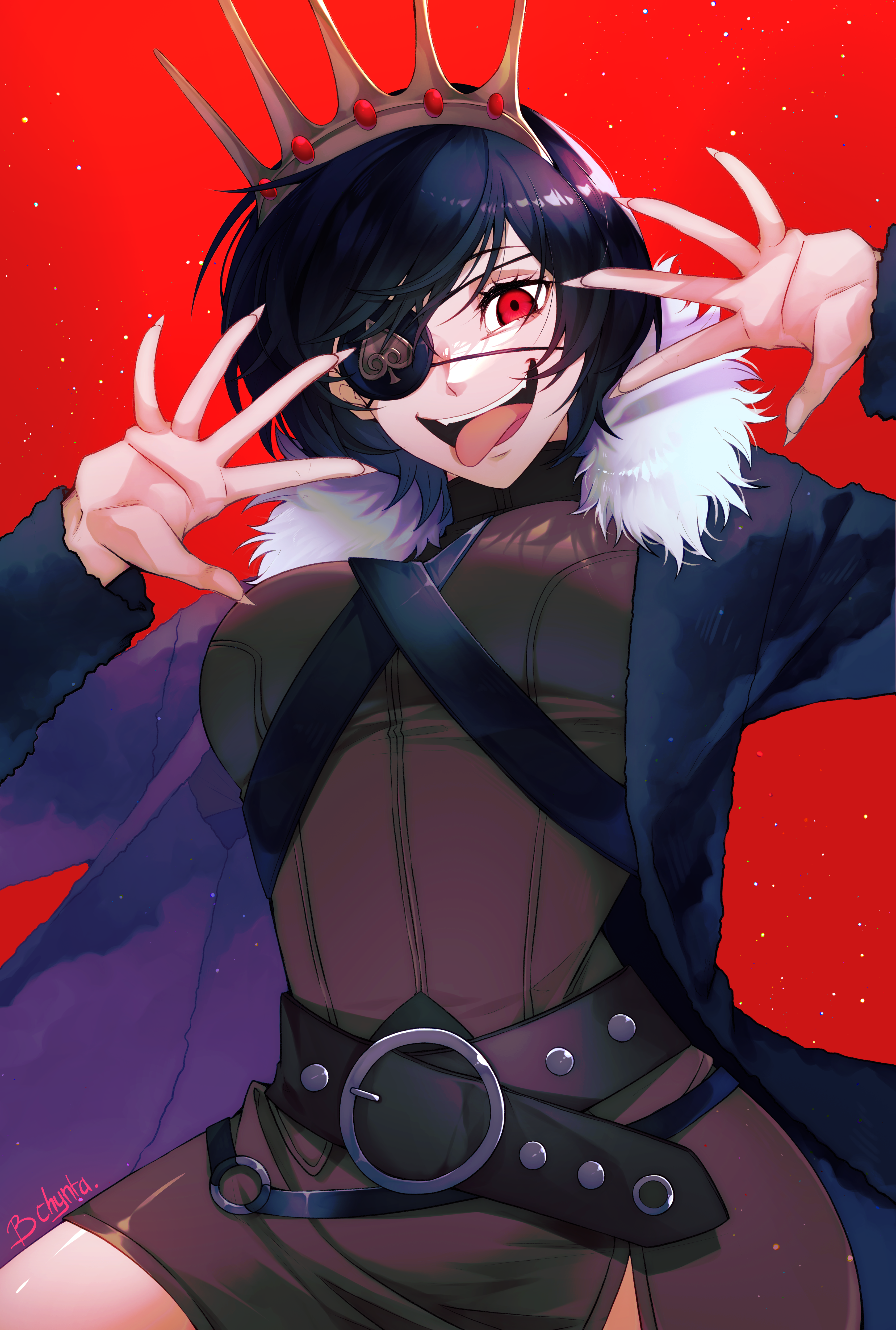 bchynta, vanica zogratis, black clover, absurdres, highres, 1girl, belt, black hair, brown shirt, crown, eyepatch, fur jacket, jacket, looking at viewer, open mouth, red background, red eyes, shirt, short hair, simple background, smile, solo, spade (shape), strap, white background