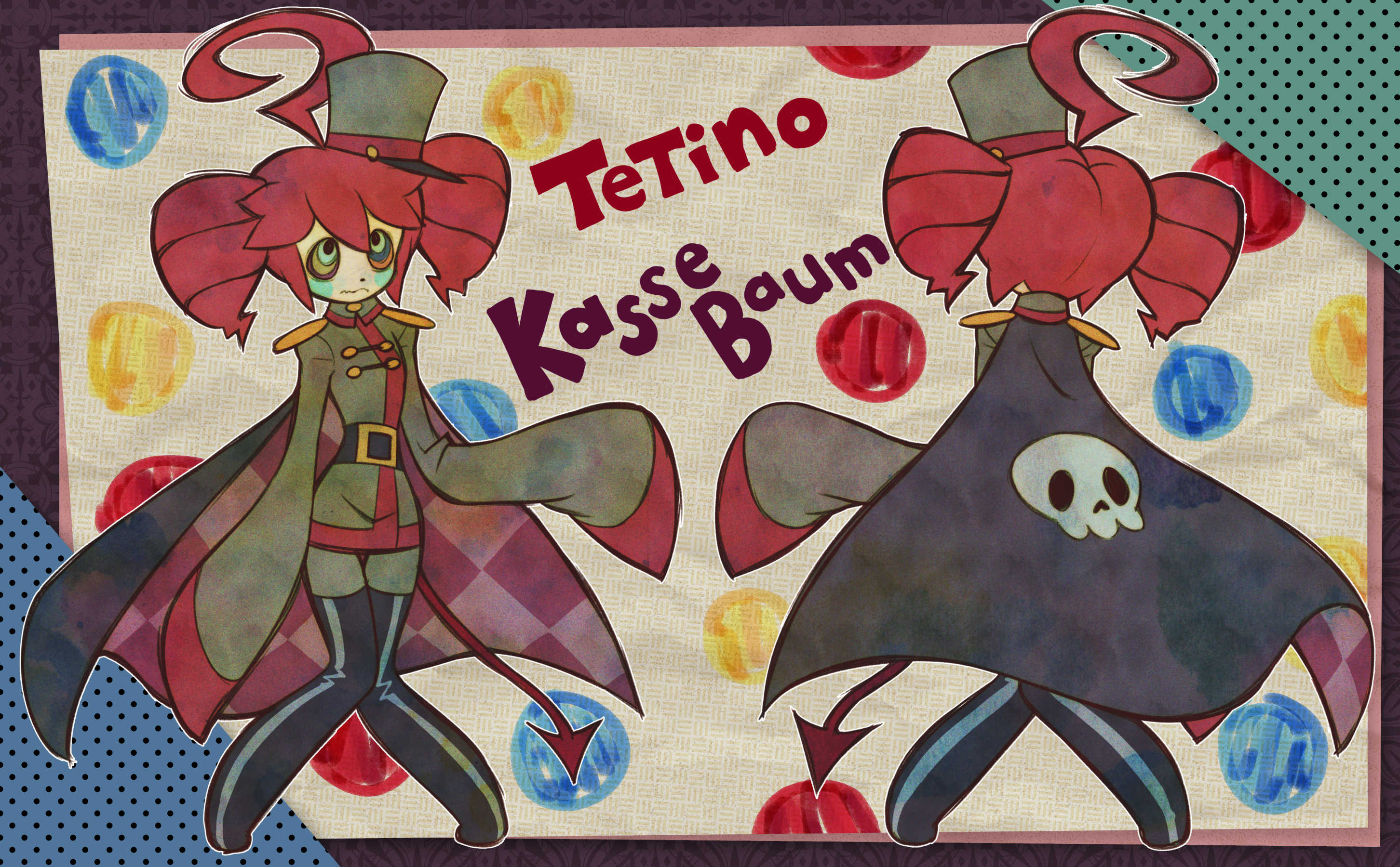 kasane teto, kasane teto (sv), synthesizer v, utau, derivative work, highres, 2girls, abstract background, ahoge, animal nose, arm up, belt, belt buckle, ben-day dots, black boots, black cape, boots, border, buckle, cape, character name, clone, colored blush, colored skin, demon tail, diamond print, drill hair, epaulettes, gold buttons, grey hat, grey jacket, grey pants, hat, huge ahoge, jacket, latex, latex boots, long sleeves, monsterification, multicolored eyes, multiple girls, pants, pigeon-toed, pink border, polka dot, polka dot background, purple border, red hair, red tail, red trim, reference sheet, screentones, shako cap, short hair, sideways hat, skull print, spielzeug, tail, tetino kassebaum, toon (style), triangle background, twin drills, very long sleeves, wavy mouth, white skin