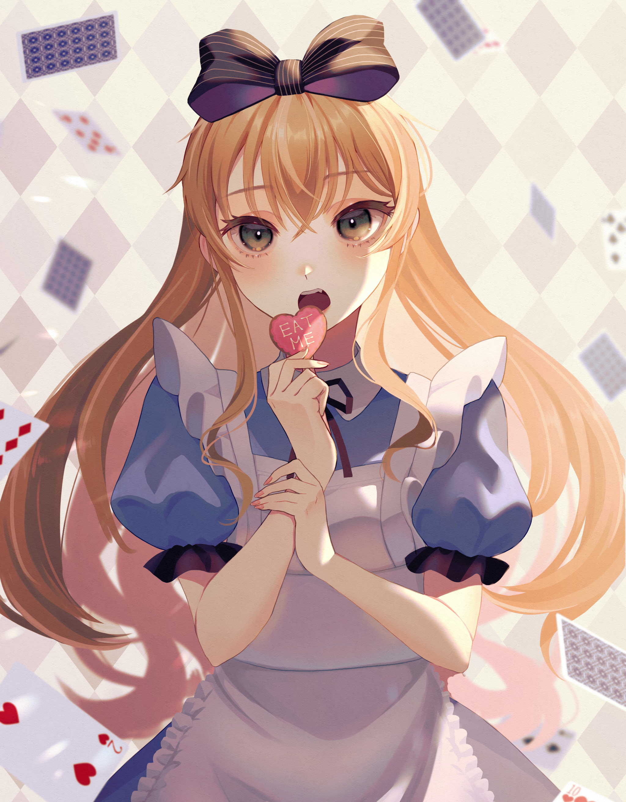 nagi-negitoro, alice (alice in wonderland), alice's adventures in wonderland, absurdres, highres, 1girl, animification, apron, blonde hair, blue dress, blue eyes, blush, bow, dress, frills, hair bow, hairband, long hair, looking at viewer, open mouth, puffy sleeves, ribbon, short sleeves, solo, thighhighs
