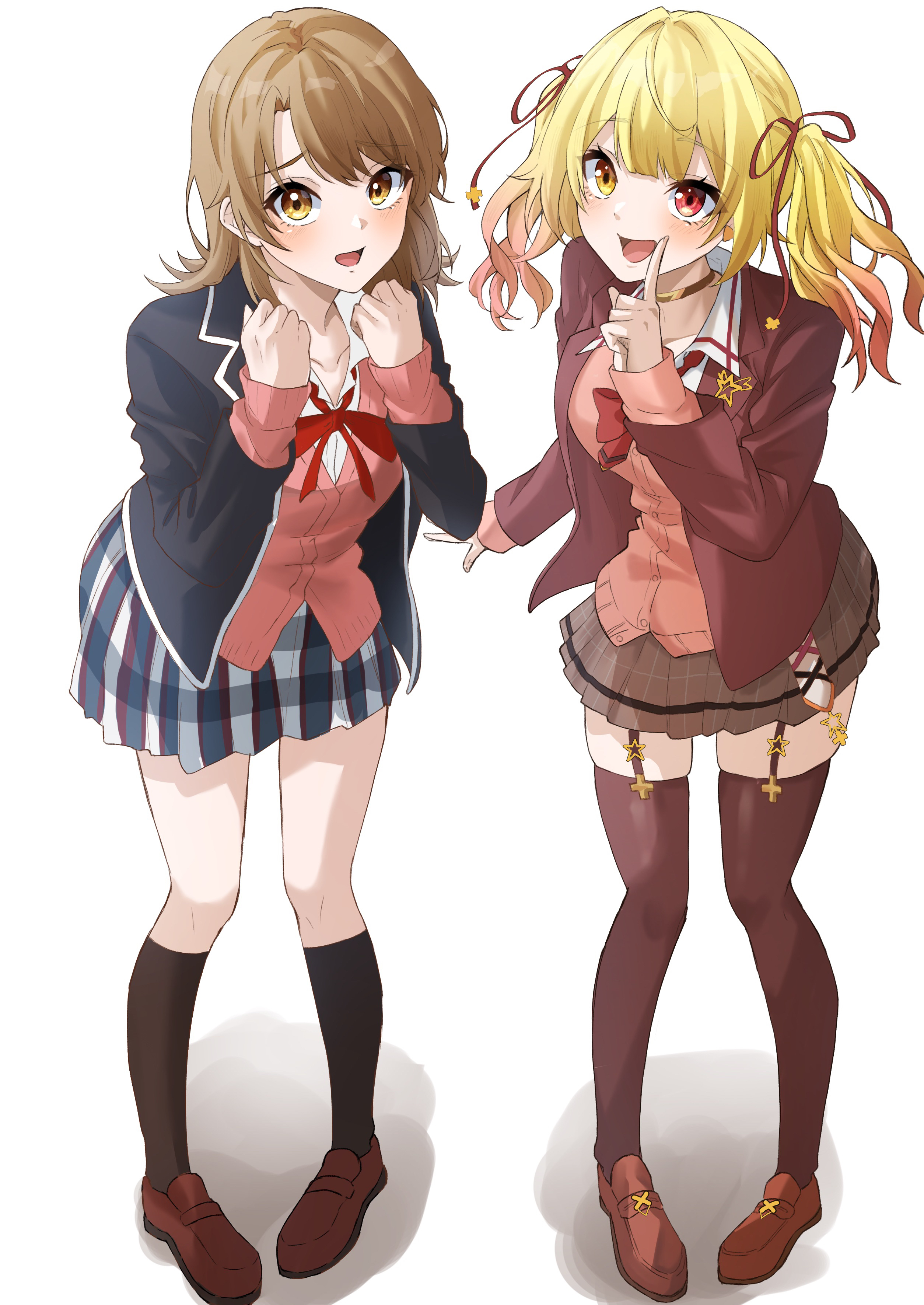 light (lightpicture33), hoshikawa sara, isshiki iroha, nijisanji, yahari ore no seishun lovecome wa machigatteiru., absurdres, highres, 2girls, black jacket, black socks, black thighhighs, blazer, blonde hair, brown skirt, cardigan, cardigan under jacket, choker, clenched hands, full body, hair ribbon, hand up, hands up, heterochromia, index finger raised, jacket, kneehighs, long sleeves, looking at viewer, medium hair, multiple girls, neck ribbon, open mouth, pink cardigan, plaid clothes, plaid skirt, pleated skirt, red eyes, red jacket, red ribbon, ribbon, school uniform, simple background, skirt, sobu high school uniform, socks, standing, thighhighs, twintails, virtual youtuber, white background, winter uniform, yellow eyes