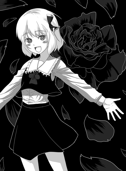 b-ginga, rumia, embodiment of scarlet devil, touhou, bad id, bad pixiv id, 1girl, black background, black flower, black rose, blush stickers, female focus, flower, greyscale, hair ribbon, monochrome, necktie, outstretched arms, ribbon, rose, short hair, solo, spread arms, symbol-shaped pupils