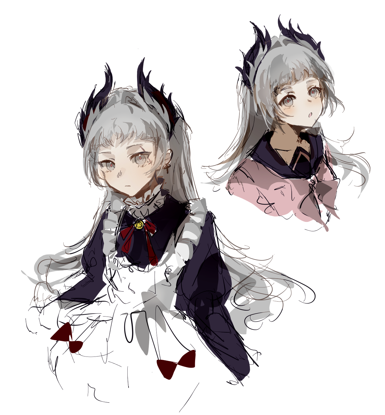 irene (arknights), irene (voyage of feathers) (arknights), ambience synesthesia, arknights, chinese commentary, commentary request, highres, 1girl, black sailor collar, closed mouth, cropped shoulders, cropped torso, cross, cross earrings, earrings, grey eyes, grey hair, jewelry, latin cross, long hair, looking at viewer, maid, multiple views, official alternate costume, parted lips, sailor collar, scar, scar across eye, scar on face, simple background, sketch, white background, xingqiudegou