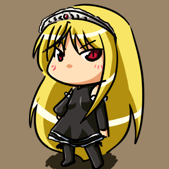 shojinn hitogenomu, hime (kaibutsu oujo), kaibutsu oujo, 00s, 1girl, black dress, blonde hair, blush, brown background, chibi, dress, female focus, full body, long sleeves, looking at viewer, red eyes, sidelocks, solo, standing, tiara