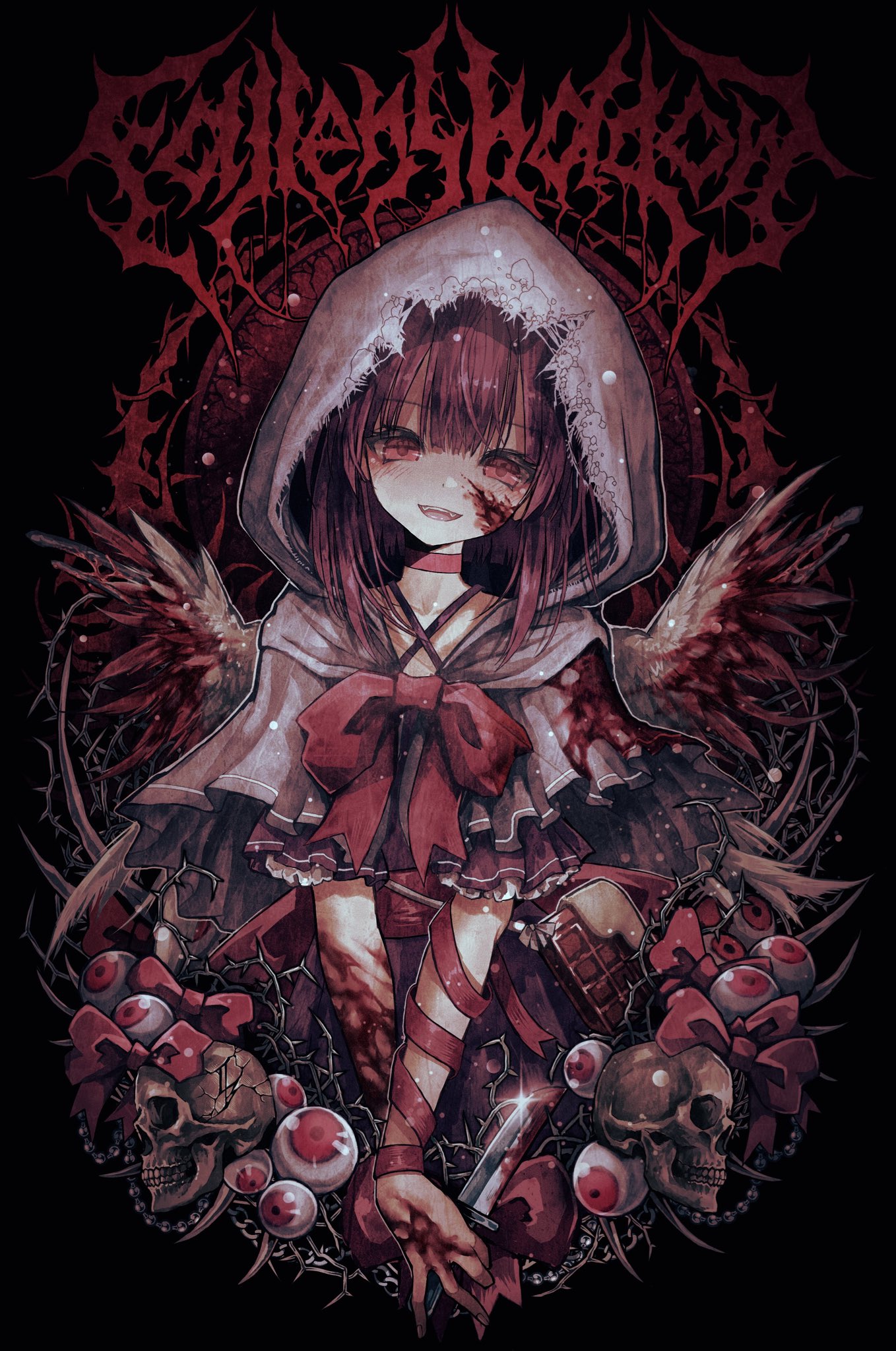 yu-ki iwata, yukineon, fallenshadow, fallenshadow (1st costume), indie virtual youtuber, highres, 1girl, black background, blood, blood on clothes, blood on face, bloody weapon, bloody wings, bow, brown hair, candy, chain, character name, chocolate, chocolate bar, cloak, dress, eyeball, food, holding, holding knife, hood, hooded cloak, injury, knife, neck ribbon, pink bow, pink eyes, pink ribbon, purple dress, ribbon, skull, smile, solo, teeth, thorns, torn clothes, upper teeth only, virtual youtuber, weapon, wings
