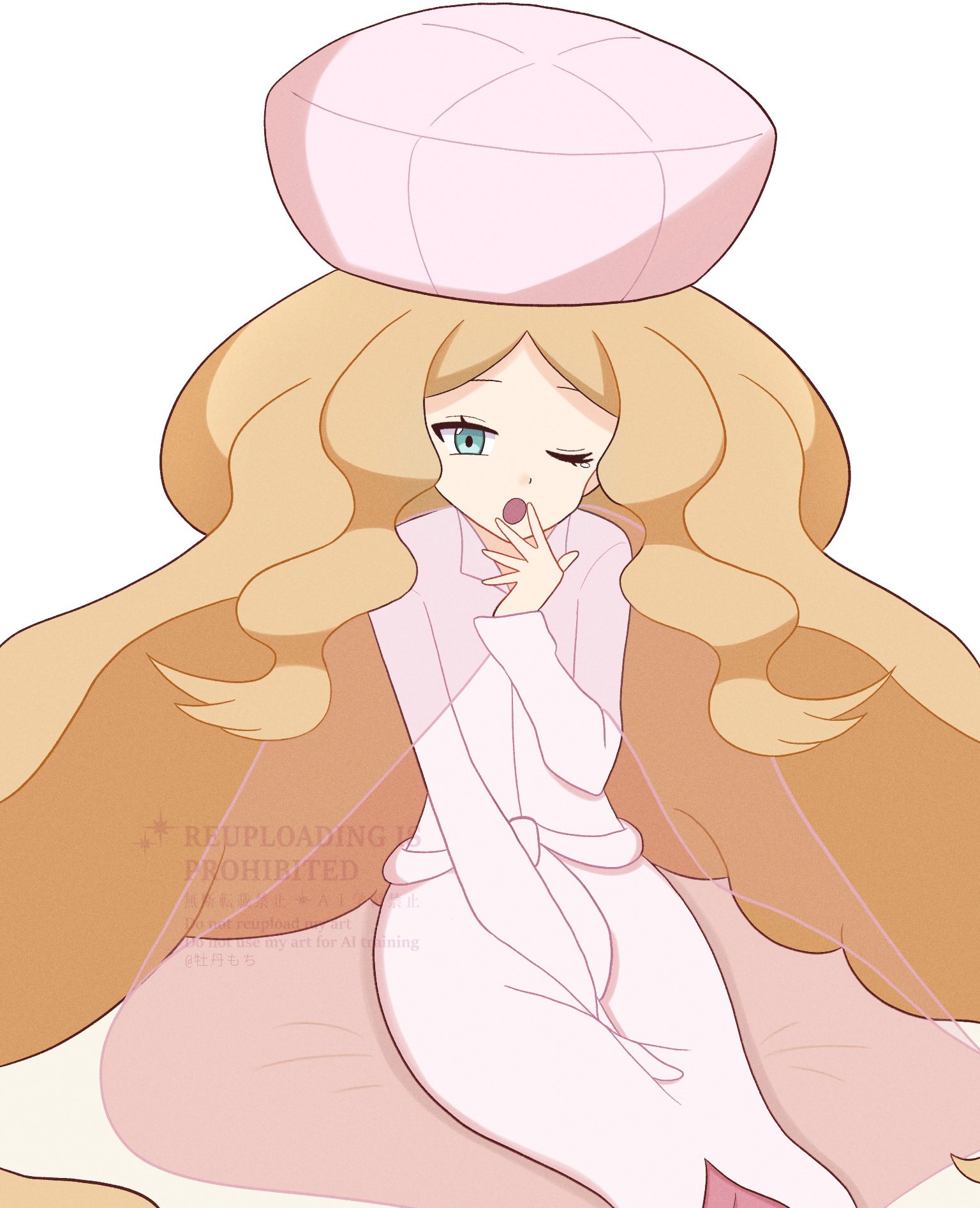 botamochi126, caitlin (pokemon), nintendo, pokemon, pokemon bw, highres, 1girl, ;o, blonde hair, blue eyes, cape, dress, hat, long hair, long sleeves, looking at viewer, one eye closed, open mouth, pink dress, pink hat, see-through cape, solo, very long hair, white background, yawning