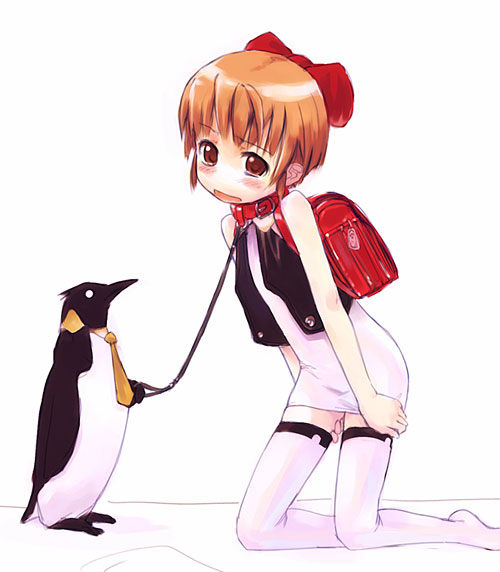 refeia, tagme, backpack, bag, bird, blush, bow, collar, leash, loli, necktie, penguin, randoseru, thighhighs