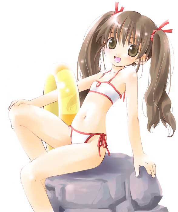 noto (soranoto), original, 1girl, beach, bikini, blush, breasts, brown eyes, brown hair, collarbone, female focus, flat chest, hair ribbon, innertube, loli, long hair, looking at viewer, navel, open mouth, ribbon, rock, side-tie bikini bottom, sitting, small breasts, smile, solo, strapless, swim ring, swimsuit, tube top, twintails, white background, white bikini