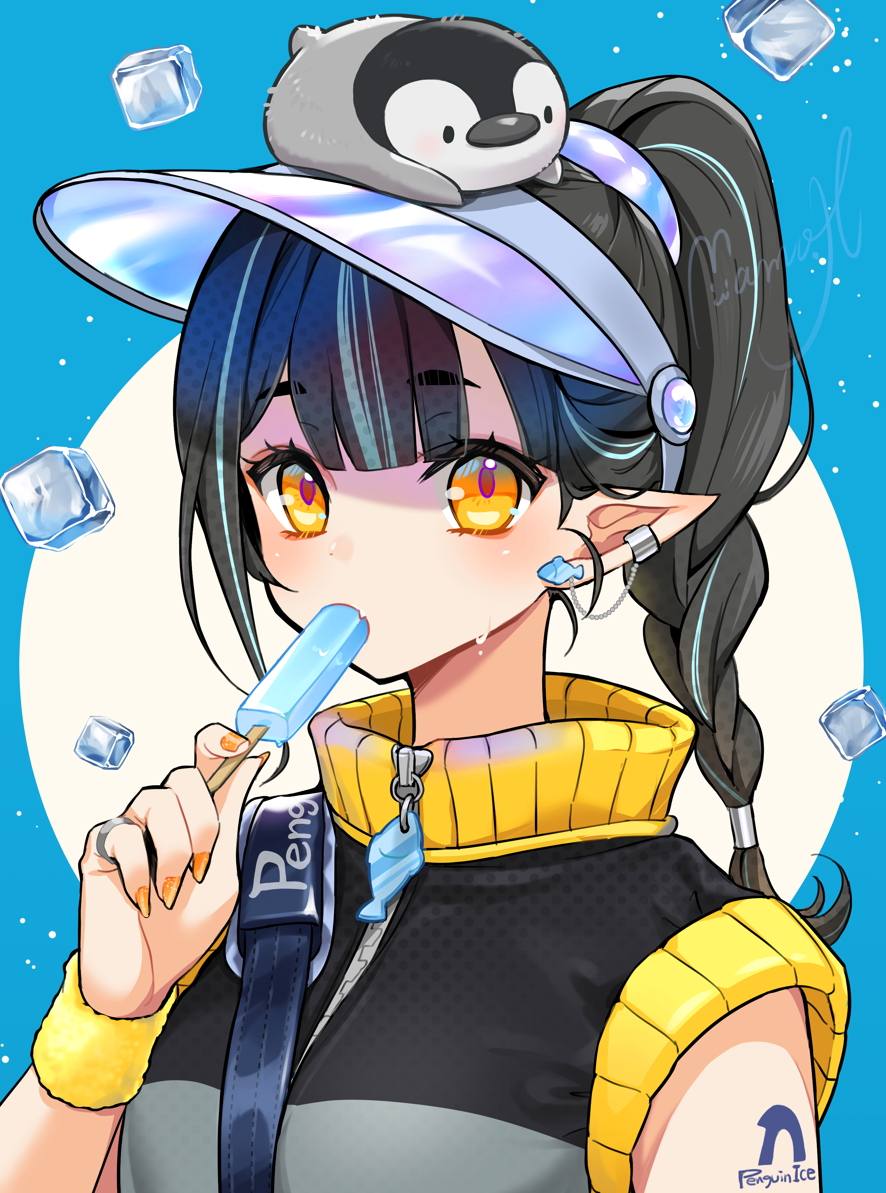 mamo (fortune-mm), original, absurdres, commentary, highres, 1girl, bird, black hair, black shirt, blue background, blue streaks, blunt bangs, braid, braided ponytail, food, hat, holding, holding food, holding popsicle, ice, ice cube, long hair, multicolored hair, nail polish, orange nails, penguin, pointy ears, popsicle, portrait, purple hat, shirt, signature, sleeveless, sleeveless shirt, solo, streaked hair, visor cap, yellow eyes