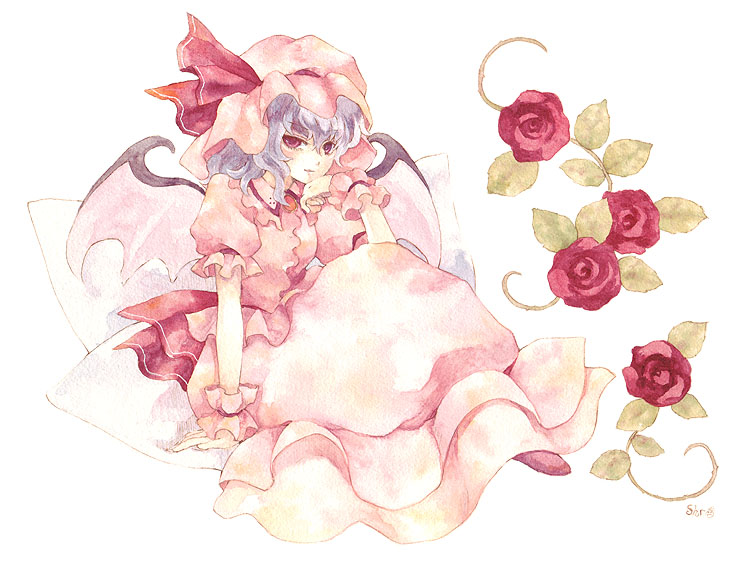 shiroma (mamiko), remilia scarlet, touhou, bad id, 1girl, bat wings, blue hair, female focus, flower, full body, hat, plant, red eyes, rose, short hair, simple background, solo, white background, wings