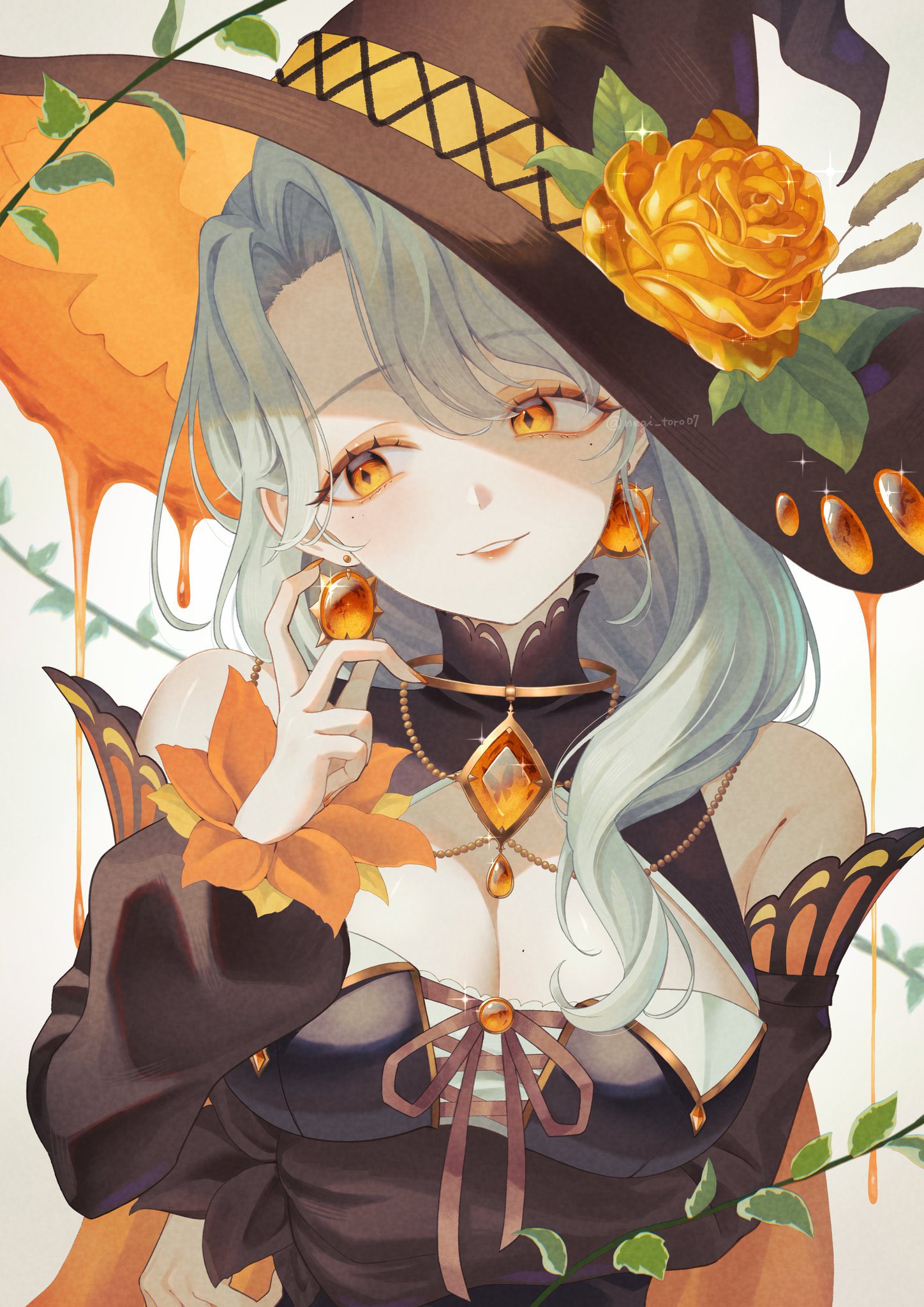 nagi-negitoro, original, highres, 1girl, amber (gemstone), bow, breasts, flower, gem, hair ornament, hat, jewelry, large breasts, leaf, long hair, looking at viewer, mole, mole on breast, orange eyes, rose, solo, upper body, white hair, witch, witch hat