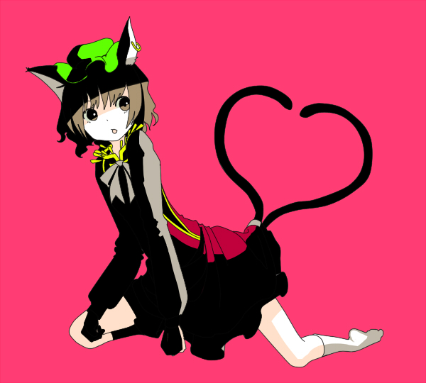 suzuki ritsu, chen, touhou, 1girl, animal ears, brown eyes, brown hair, cat ears, cat girl, cat tail, earrings, female focus, hat, heart, heart tail, jewelry, multiple tails, short hair, socks, solo, tail
