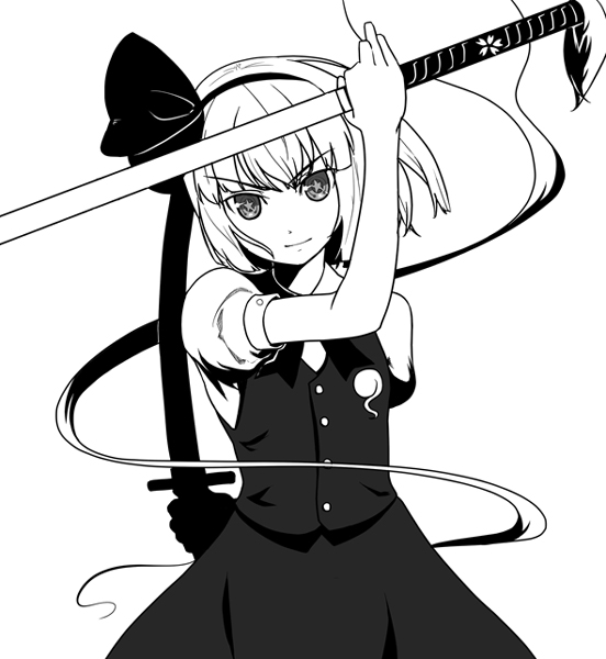 b-ginga, konpaku youmu, konpaku youmu (ghost), touhou, bad id, bad pixiv id, 1girl, female focus, greyscale, hitodama, monochrome, solo, symbol-shaped pupils