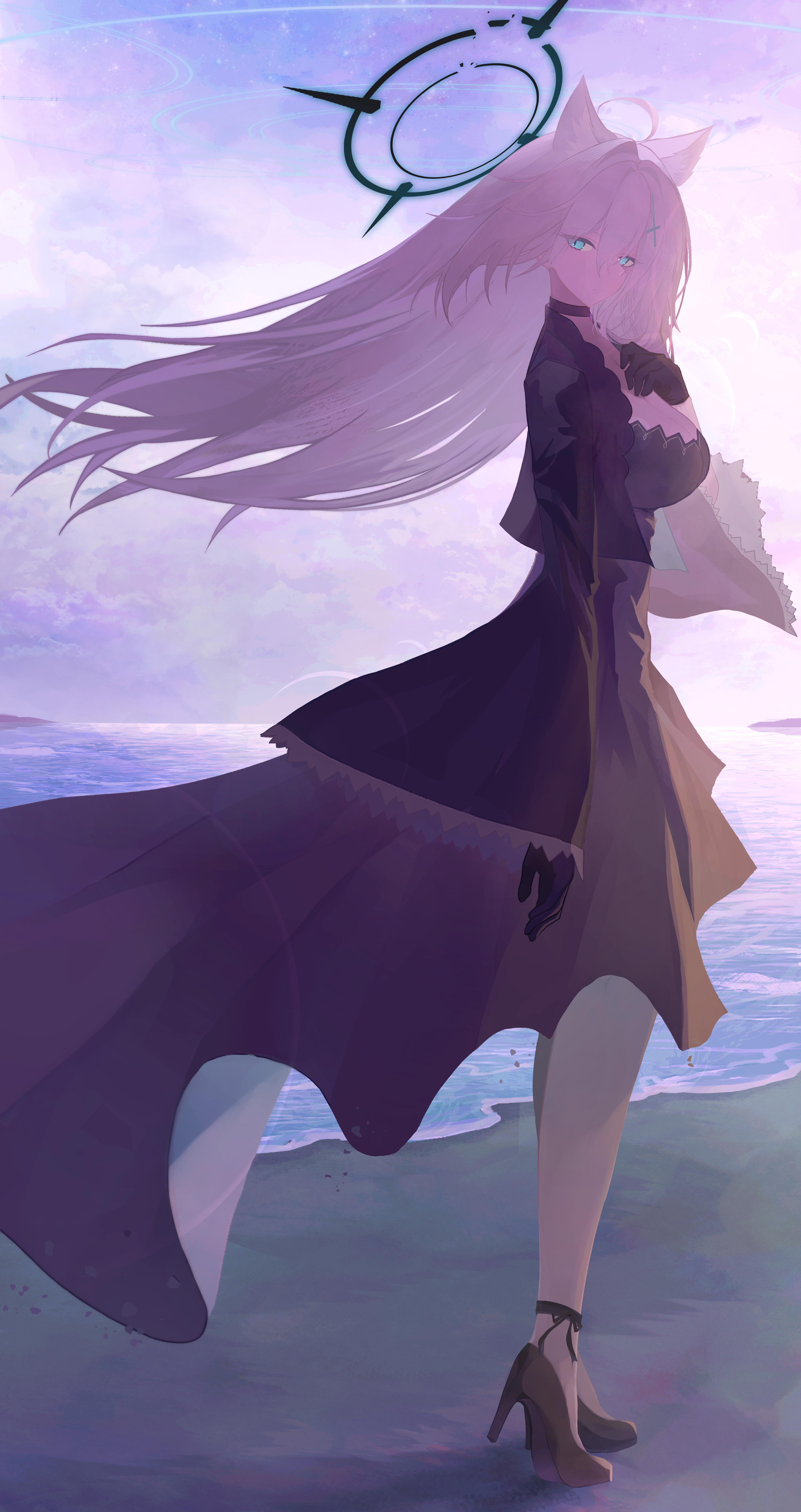 kira guil, shiroko terror (blue archive), blue archive, absurdres, highres, 1girl, animal ear fluff, animal ears, beach, black choker, black dress, black halo, blue eyes, broken halo, choker, cross hair ornament, dark halo, dress, earrings, extra ears, grey hair, hair ornament, halo, jewelry, long hair, looking at viewer, looking back, night, sky, solo, squinting, water, wide sleeves, wolf ears