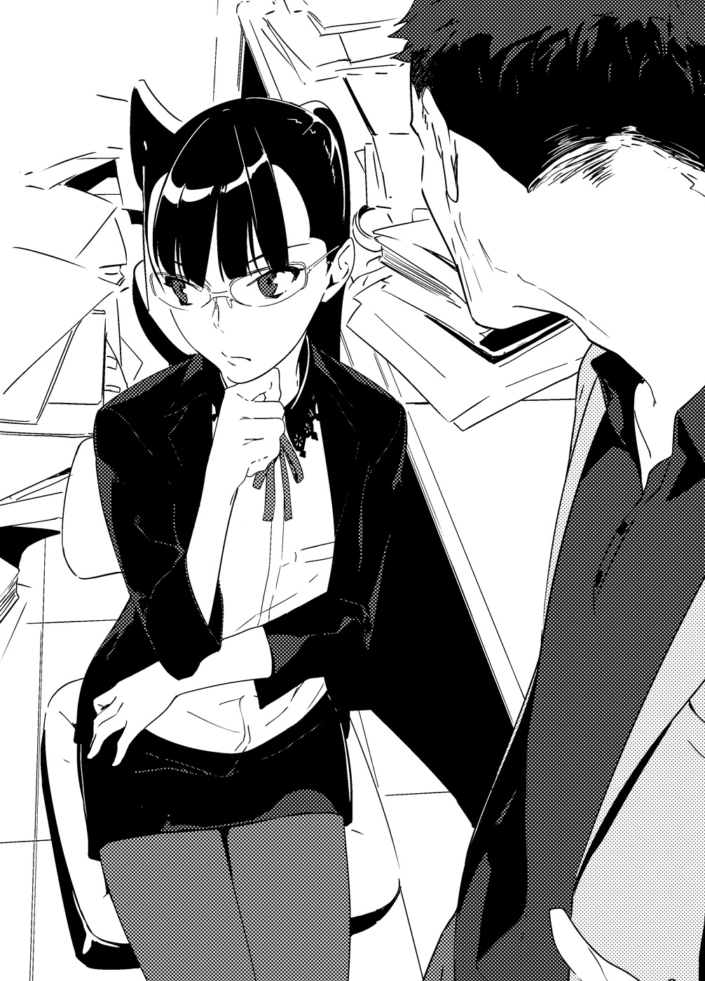 pako (pakosun), sumikaze touko, occultic;nine, science adventure, highres, non-web source, official art, 1boy, 1girl, black hair, closed mouth, collared shirt, glasses, greyscale, high ponytail, holding own chin, indoors, jacket, light frown, long hair, long sleeves, miniskirt, monochrome, nape, neckerchief, office, open clothes, pantyhose, ponytail, shirt, short hair, sitting, skirt, takatou (occultic;nine), thinking