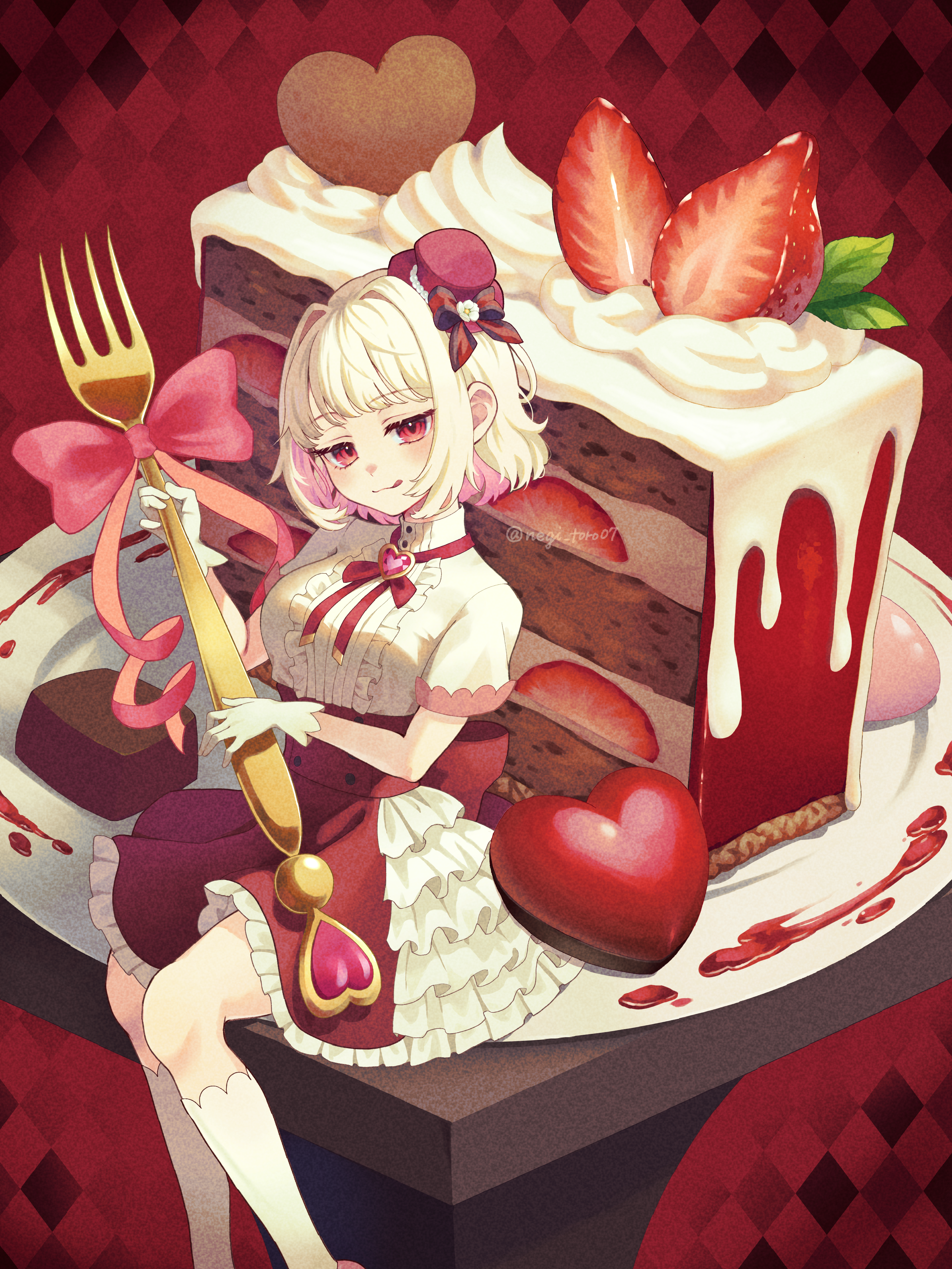 nagi-negitoro, original, absurdres, highres, 1girl, bob cut, breasts, cake, cake slice, chocolate, food, fork, hair ornament, heart, looking at viewer, plate, red eyes, shirt, short hair, smile, solo, valentine, white hair