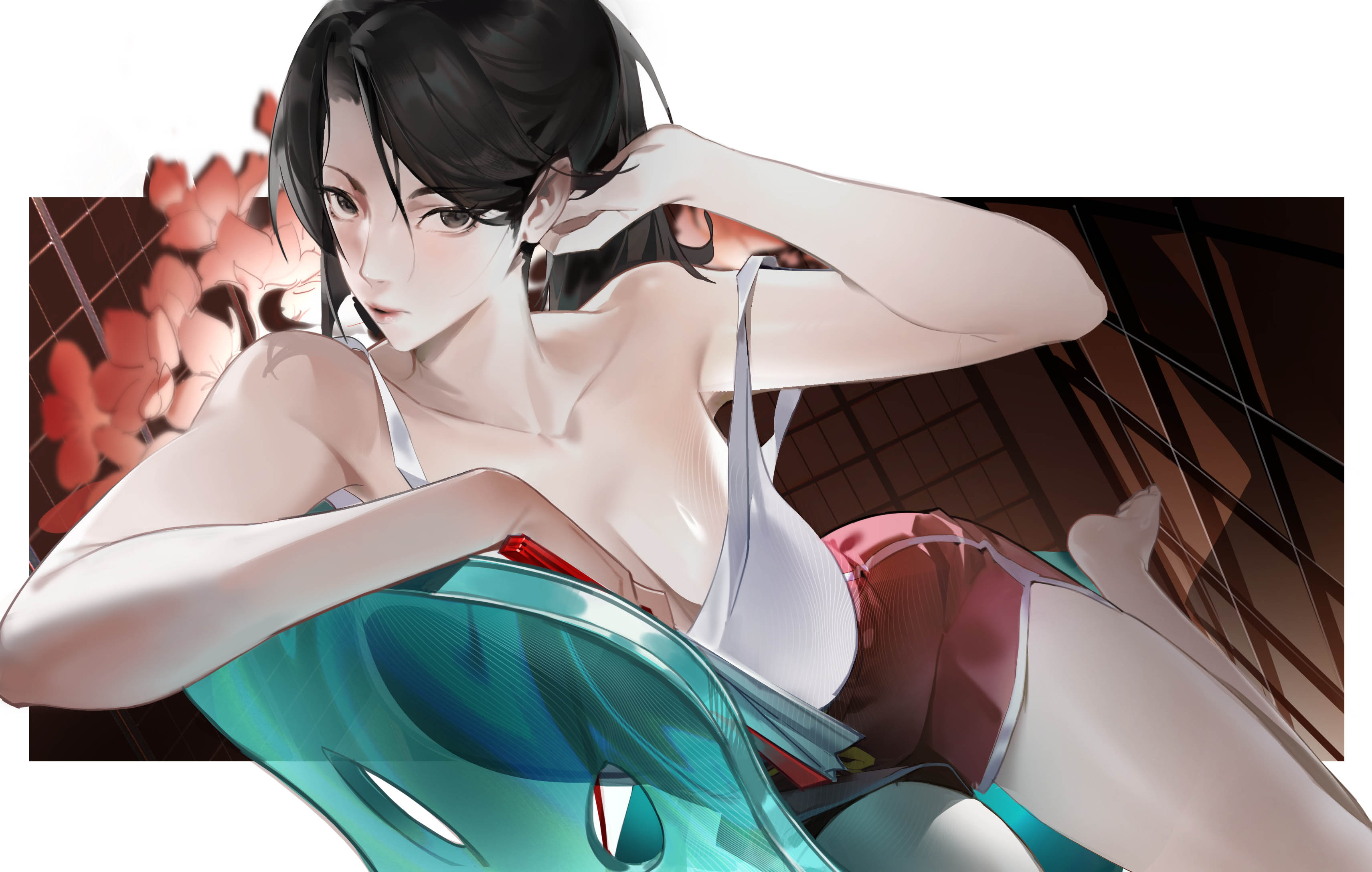 lfpwrk0vlocrzl4, shiranui mai, fatal fury, street fighter, street fighter 6, absurdres, commentary, highres, symbol-only commentary, 1girl, bare arms, bare legs, bare shoulders, barefoot, black hair, border, breasts, chair, cleavage, closed mouth, collarbone, dolphin shorts, floral background, foot out of frame, high ponytail, large breasts, long hair, looking at viewer, official alternate costume, on chair, outside border, parted bangs, ponytail, red shorts, shorts, sitting, solo, tank top, white border, white tank top
