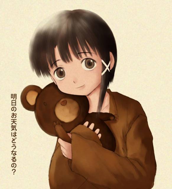 iwakura lain, serial experiments lain, 1990s (style), 1girl, bear, brown eyes, brown hair, female focus, retro artstyle, solo, toy, upper body