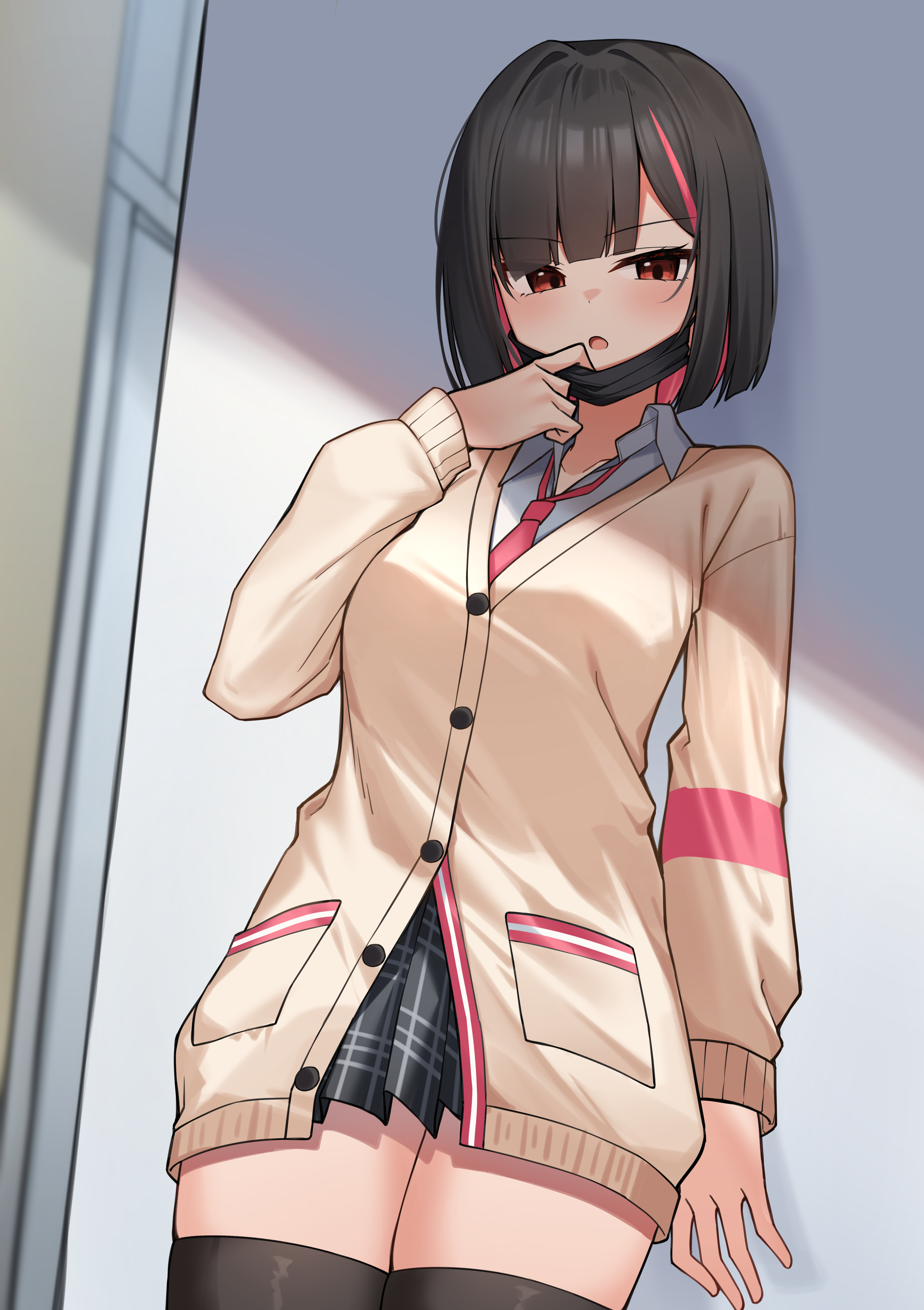 ziro (zirorong), marlene (after school) (black survival), marlene (black survival), black survival, eternal return: black survival, absurdres, highres, paid reward available, 1girl, against wall, black hair, black mask, black skirt, black thighhighs, blush, cardigan, colored inner hair, long sleeves, looking at viewer, mask lift, mask pull, miniskirt, multicolored hair, necktie, official alternate costume, open mouth, pink hair, pleated skirt, red eyes, red necktie, shirt, short hair, skindentation, skirt, solo, thighhighs, thighs, white shirt, yellow cardigan