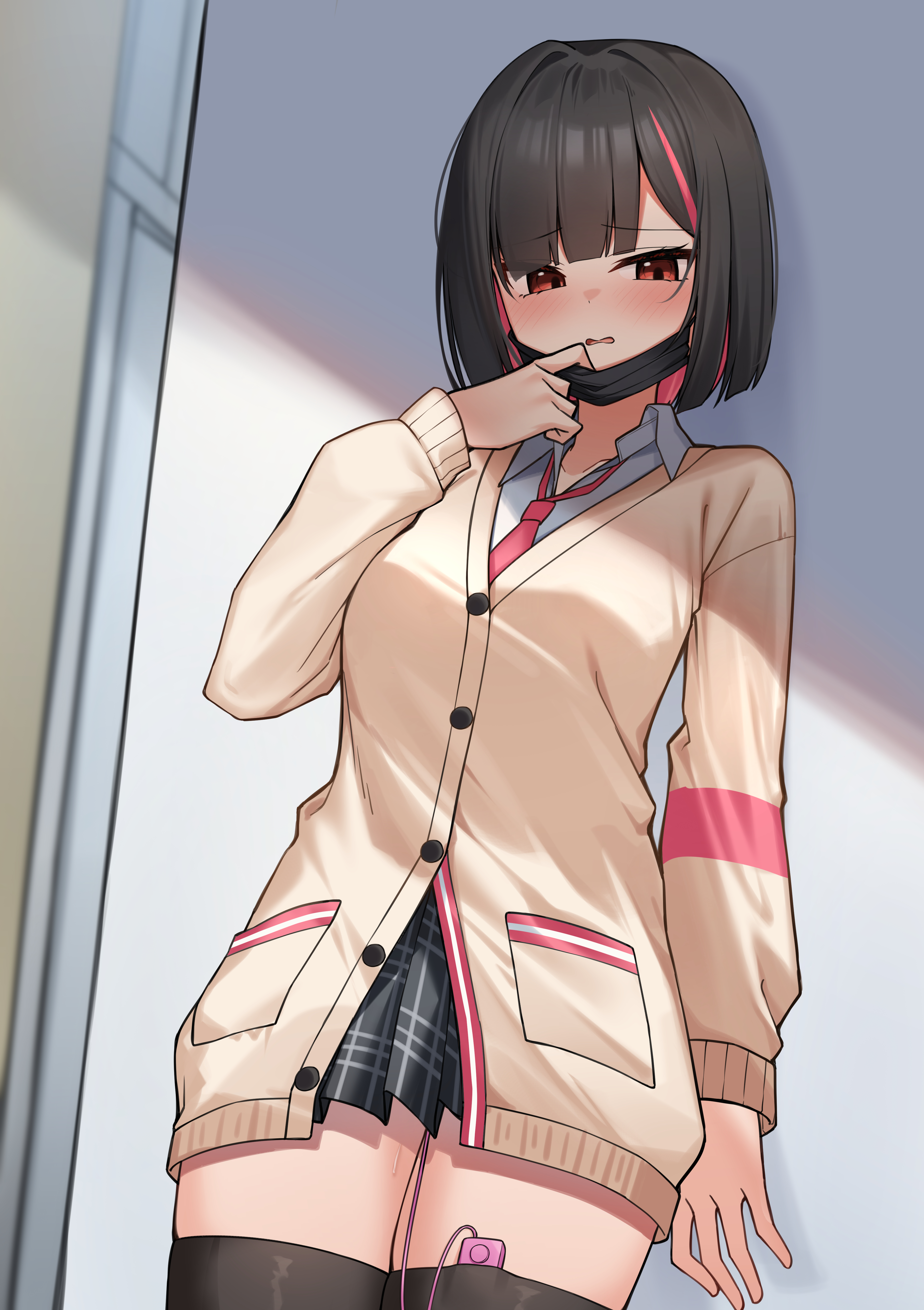ziro (zirorong), marlene (after school) (black survival), marlene (black survival), black survival, eternal return: black survival, absurdres, highres, paid reward available, 1girl, against wall, black hair, black mask, black skirt, black thighhighs, blush, cardigan, colored inner hair, long sleeves, looking at viewer, mask lift, mask pull, miniskirt, multicolored hair, necktie, official alternate costume, open mouth, pink hair, pleated skirt, public indecency, public vibrator, red eyes, red necktie, sex toy, shirt, short hair, skindentation, skirt, solo, thighhighs, thighs, vibrator, vibrator in thighhighs, vibrator under clothes, white shirt, yellow cardigan