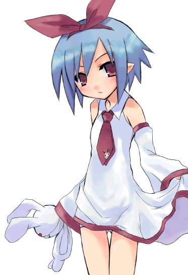 harada takehito, pleinair, disgaea, 1girl, blue hair, blush, detached sleeves, dress, hairband, loli, long sleeves, looking at viewer, necktie, panties, pointy ears, red eyes, red necktie, ribbon, short hair, sleeves past wrists, stuffed animal, stuffed rabbit, stuffed toy, toy, underwear, white background, white dress, white panties