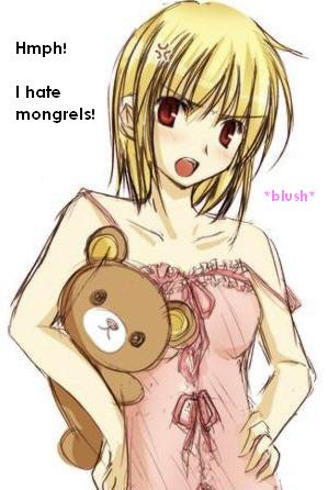 gilgamesh-ko, gilgamesh (fate), fate/stay night, fate (series), gender request, lowres, 00s, angry, blonde hair, breasts, genderswap, red eyes, stuffed animal, stuffed toy, teddy bear