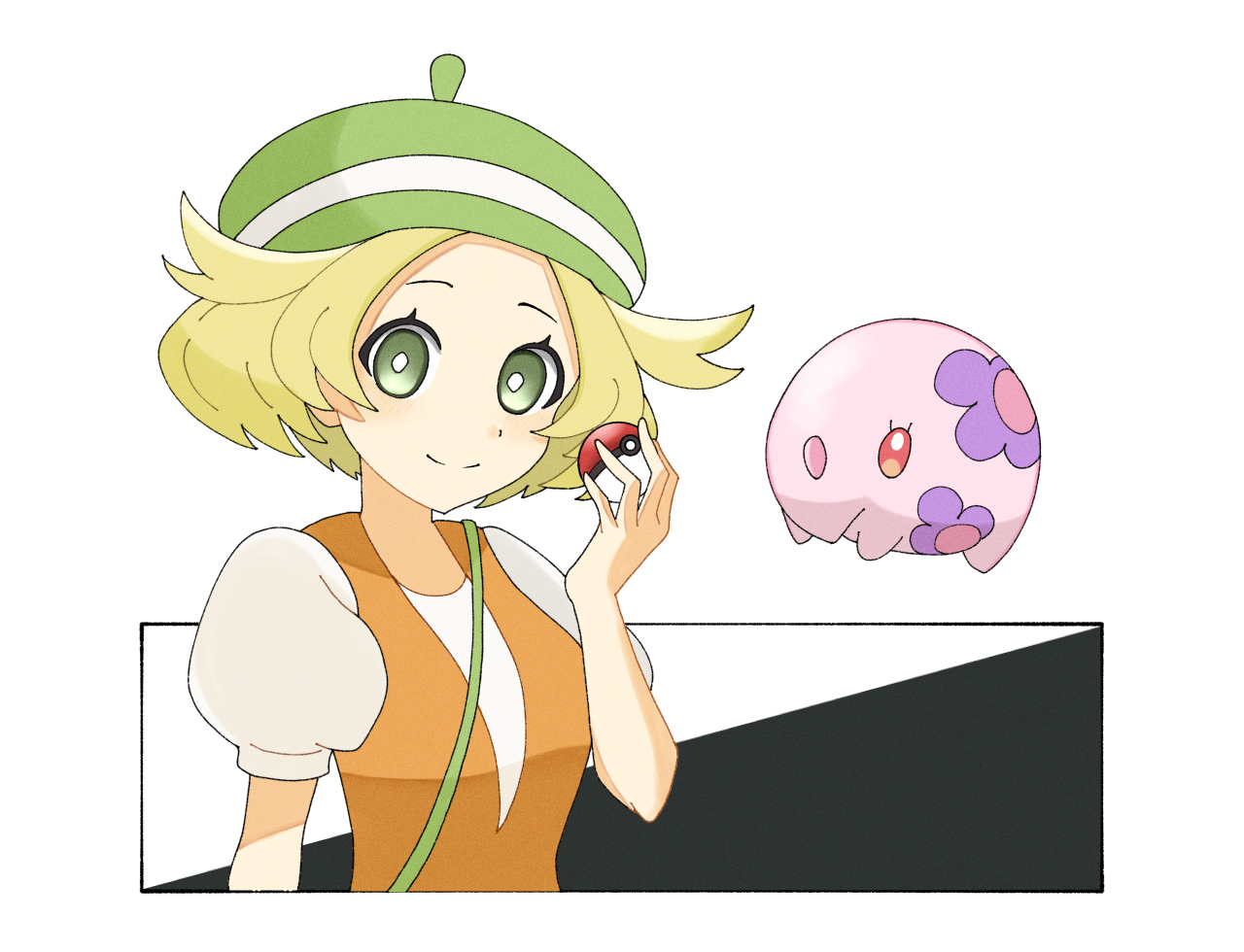 botamochi (xepe8722), bianca (pokemon), munna, nintendo, pokemon, pokemon bw, 1girl, blonde hair, closed mouth, dress, gen 5 pokemon, green eyes, green hat, hat, holding, holding poke ball, looking at viewer, orange dress, poke ball, poke ball (basic), pokemon (creature), puffy short sleeves, puffy sleeves, short hair, short sleeves, simple background, smile, upper body, white dress