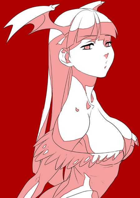 nanboku, morrigan aensland, capcom, darkstalkers, 1girl, breasts, cleavage, female focus, head wings, large breasts, monochrome, pantyhose, red background, red theme, solo, wings
