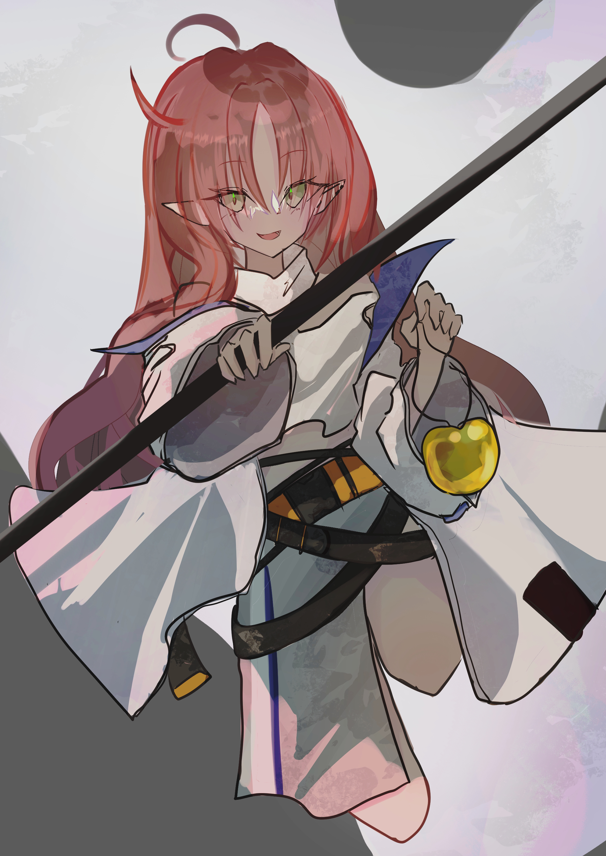 kira guil, myrtle (arknights), arknights, absurdres, commentary, commentary request, english commentary, highres, mixed-language commentary, partial commentary, 1girl, ahoge, apple, blush, border, flag, food, fruit, full body, golden apple, grey background, grey skirt, holding, holding flag, jacket, long hair, looking at viewer, pointy ears, red hair, shirt, shoes, simple background, sketch, skirt, sleeves past wrists, smile, sneakers, solo, sparkle, white background, white flag, white jacket, white shirt