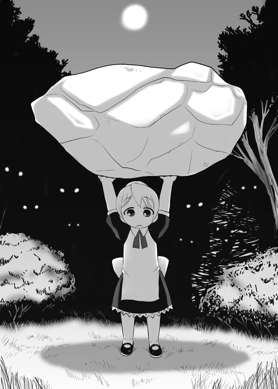 asahimaru, flandre (kaibutsu oujo), kaibutsu oujo, 00s, 1girl, android, female focus, forest, maid, monochrome, nature, outdoors, sky, solo