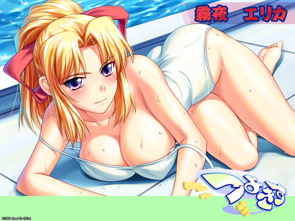 shironeko sanbou, kiriya erika, tsuyokiss, 1girl, barefoot, blonde hair, blue eyes, blush, breasts, cleavage, female focus, hair ribbon, large breasts, lying, one-piece swimsuit, ponytail, ribbon, smile, solo, swimsuit, wet, white one-piece swimsuit
