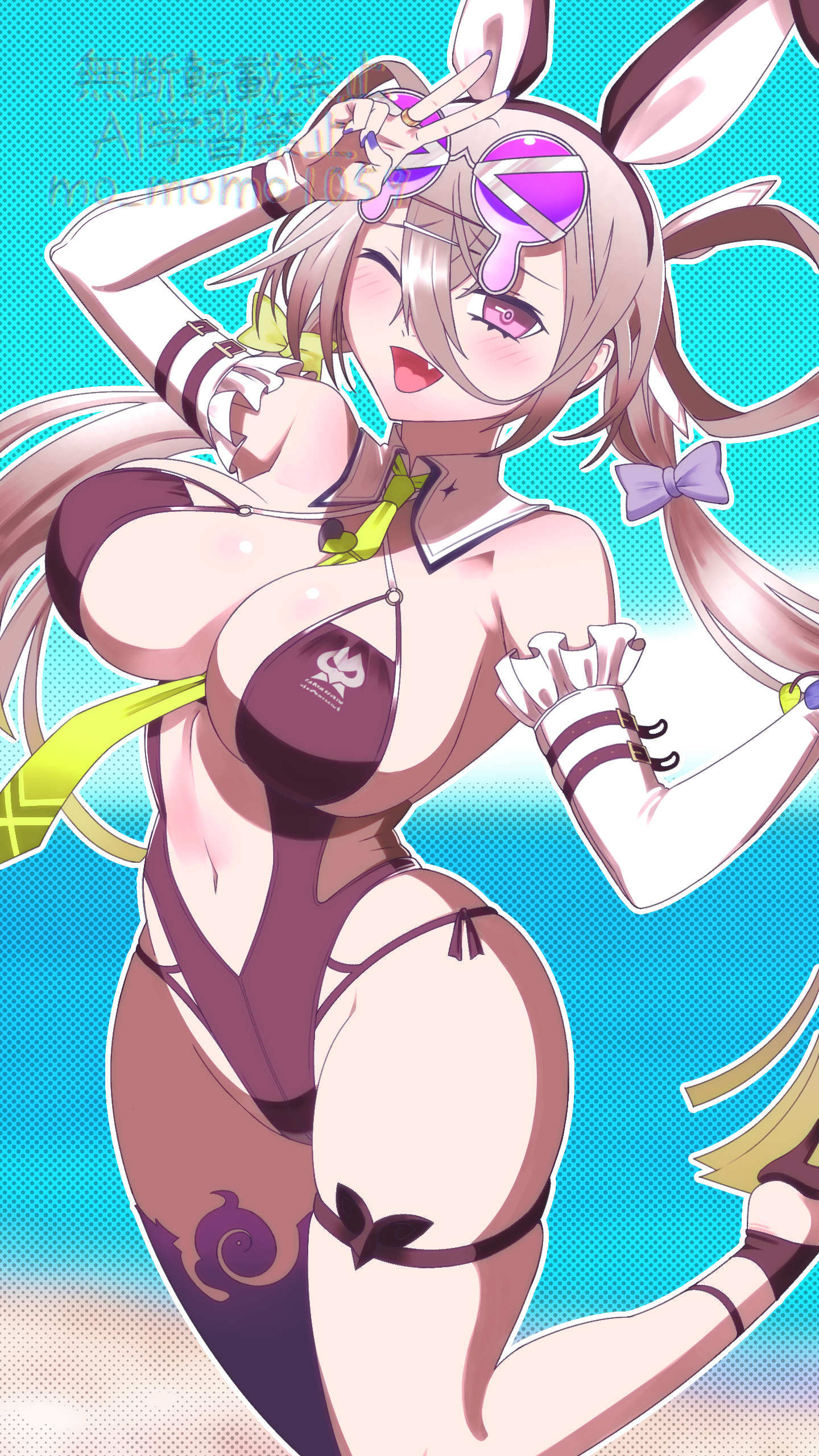 ogachin, huyan zhuo (fate), huyan zhuo (swimsuit berserker) (fate), fate/grand order, fate (series), absurdres, highres, 1girl, bare shoulders, black one-piece swimsuit, blush, breasts, cleavage, eyewear on head, grey hair, hair rings, highleg, highleg one-piece swimsuit, large breasts, long hair, looking at viewer, navel, one-piece swimsuit, open mouth, purple eyes, smile, solo, sunglasses, swimsuit