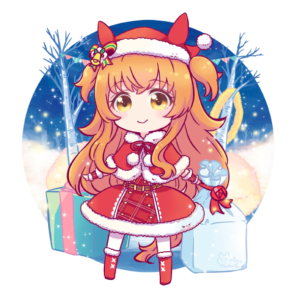 mizuki maya, mayano top gun (formation: party) (umamusume), mayano top gun (umamusume), umamusume, commentary, 1girl, animal ears, bare tree, boots, border, capelet, closed mouth, deformed, dress, fur-trimmed boots, fur-trimmed capelet, fur-trimmed headwear, fur trim, gift, hat, holding, holding sack, horse ears, horse girl, long hair, medium dress, official alternate costume, orange hair, outdoors, outside border, pantyhose, red boots, red capelet, red dress, red hat, round image, sack, santa costume, santa hat, smile, solo, tree, white border, white pantyhose, yellow eyes