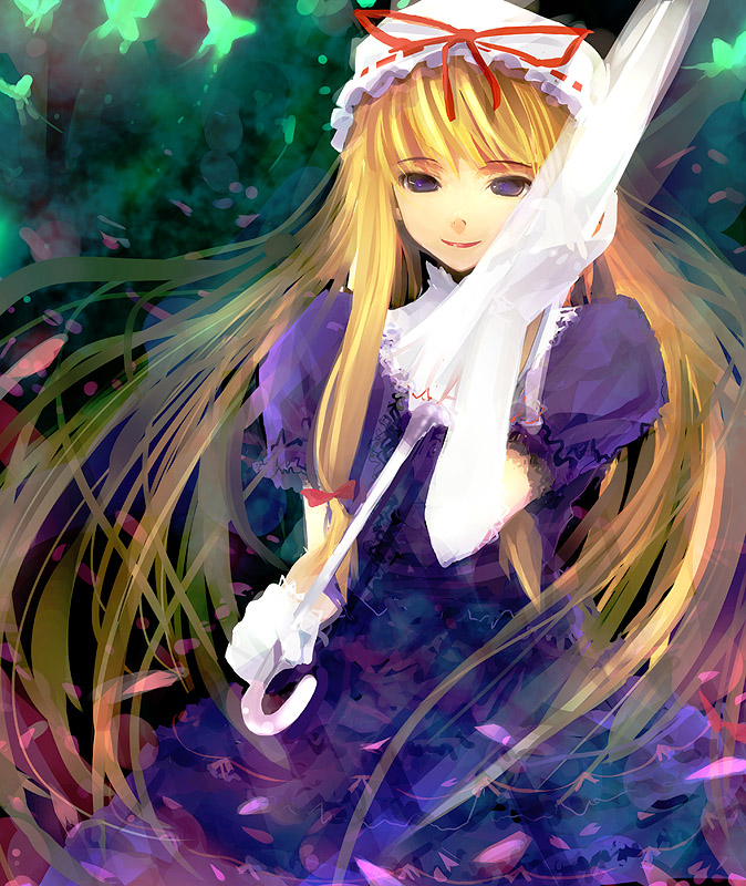 takashima, yakumo yukari, touhou, 1girl, blonde hair, bow, cherry blossoms, closed umbrella, dress, female focus, gloves, hair bow, hat, long hair, purple eyes, ribbon, smile, solo, umbrella, very long hair, white gloves