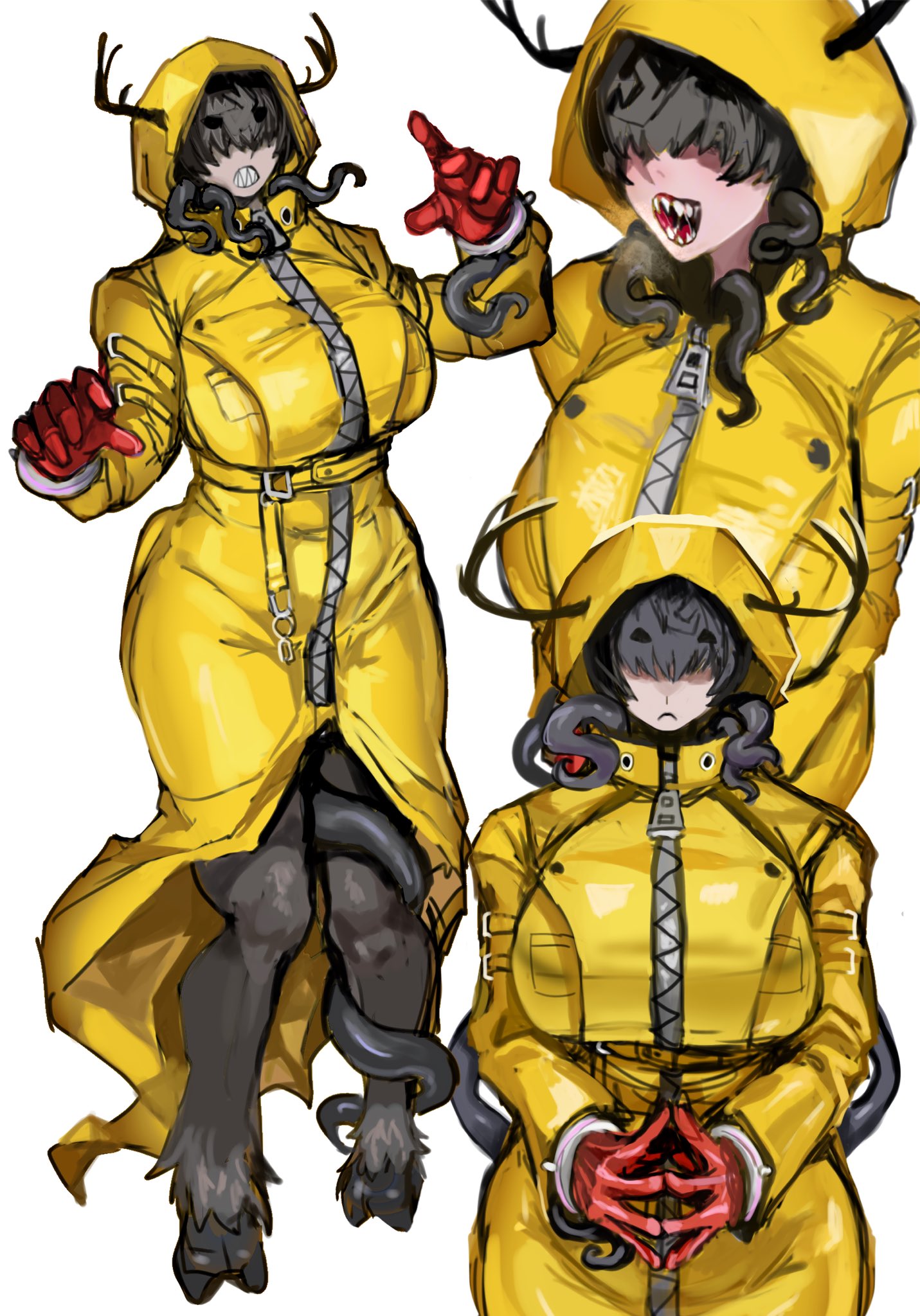 sfour s4, original, highres, tagme, 1girl, antlers, breasts, closed mouth, frown, gloves, hood, hooves, horns, huge breasts, open mouth, raincoat, sharp teeth, simple background, teeth, tentacles, white background, yellow raincoat, zipper, zipper pull tab