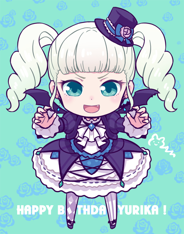 mizuki maya, todo yurika, aikatsu!, aikatsu! (series), commentary request, 1girl, aqua background, aqua eyes, argyle clothes, argyle pantyhose, ascot, asymmetrical legwear, bat wings, chibi, chibi only, claw pose, dress, drill hair, fang, floral background, full body, grey hair, hat, jacket, juliet sleeves, long hair, long sleeves, medium dress, mini hat, mini top hat, mismatched legwear, pantyhose, pinstripe jacket, pinstripe pantyhose, pinstripe pattern, puffy sleeves, purple hat, purple jacket, purple pantyhose, purple wings, rose background, sidelocks, solo, standing, tilted headwear, top hat, twin drills, white ascot, white dress, wings