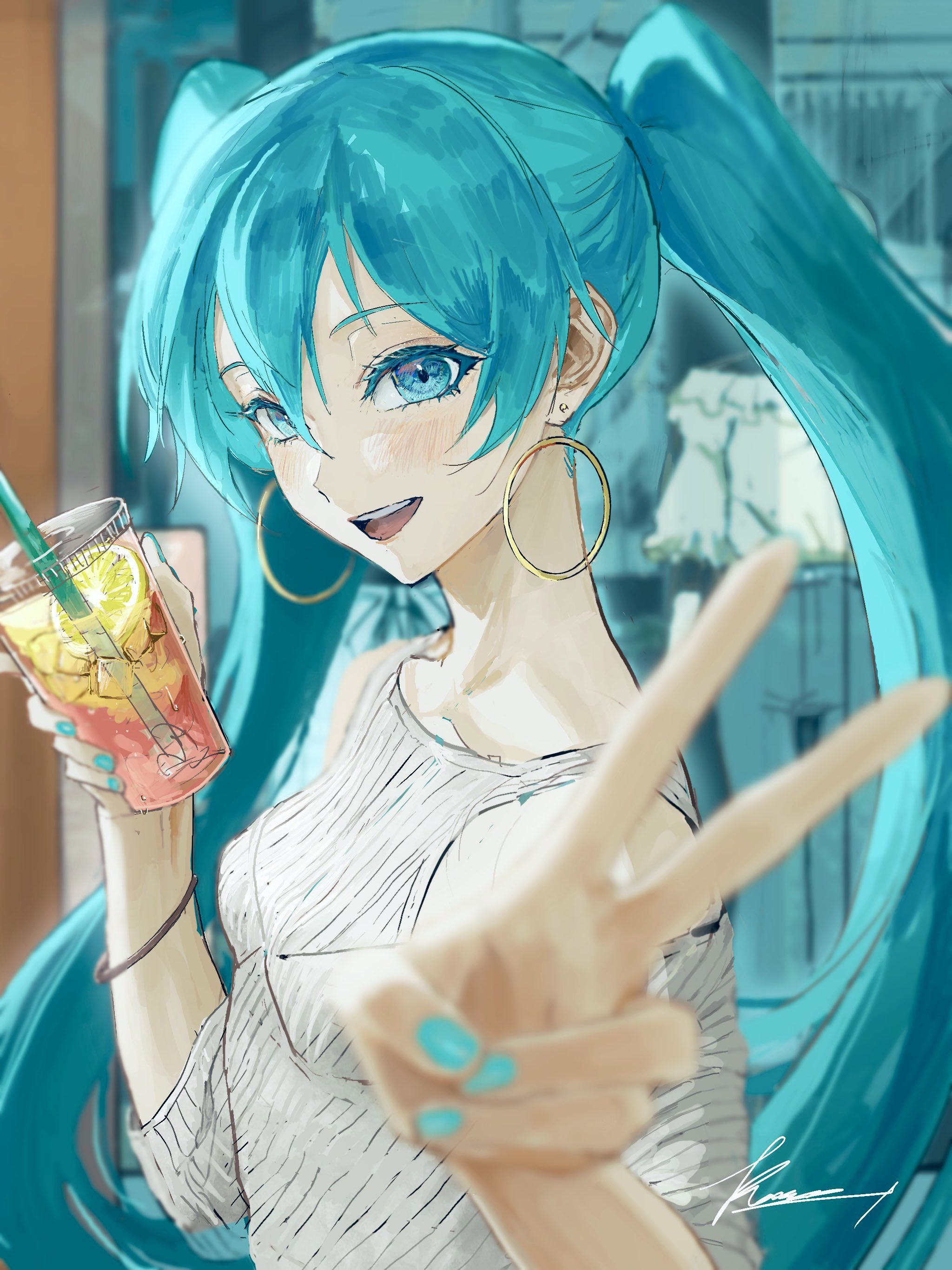ratte (cf), hatsune miku, vocaloid, absurdres, commentary request, highres, 1girl, aqua eyes, aqua hair, aqua nails, blush, bracelet, casual, cup, disposable cup, drink, drinking straw, earrings, food, fruit, holding, holding cup, hoop earrings, ice, ice cube, jewelry, lemon, lemon slice, long hair, looking at viewer, open mouth, smile, solo, sweater, teeth, upper body, upper teeth only, v, white sweater