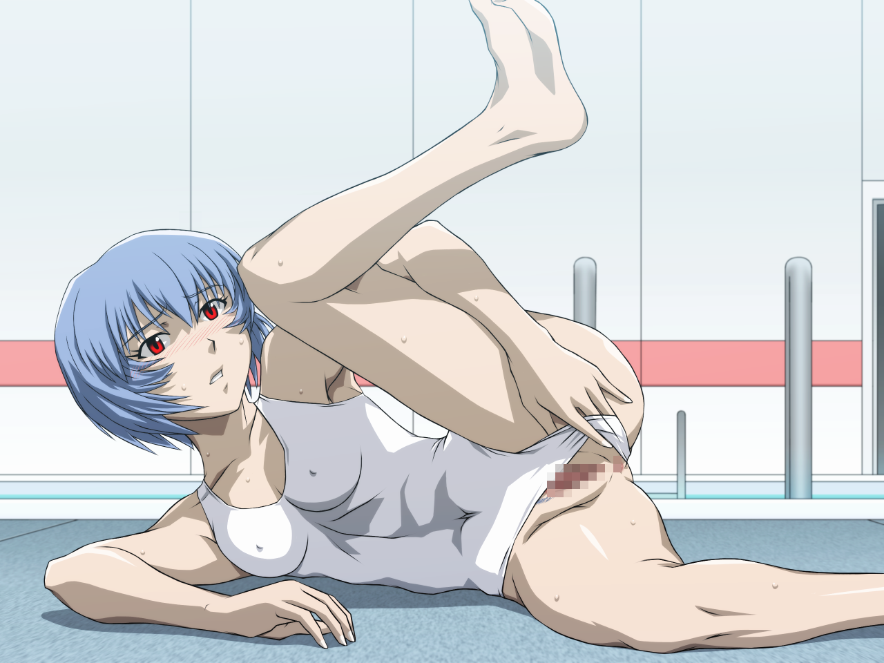 fey, ayanami rei, neon genesis evangelion, 1girl, alternate costume, anus, armpits, barefoot, blue hair, blush, breasts, casual one-piece swimsuit, censored, clothing aside, covered erect nipples, covered navel, embarrassed, female focus, female pubic hair, hair between eyes, indoors, leg lift, leg up, looking at viewer, mosaic censoring, nose blush, on floor, one-piece swimsuit, pale skin, parted lips, presenting, pubic hair, pussy, raised eyebrows, red eyes, shadow, short hair, small breasts, soles, solo, spread legs, sweat, swimsuit, swimsuit aside, white one-piece swimsuit