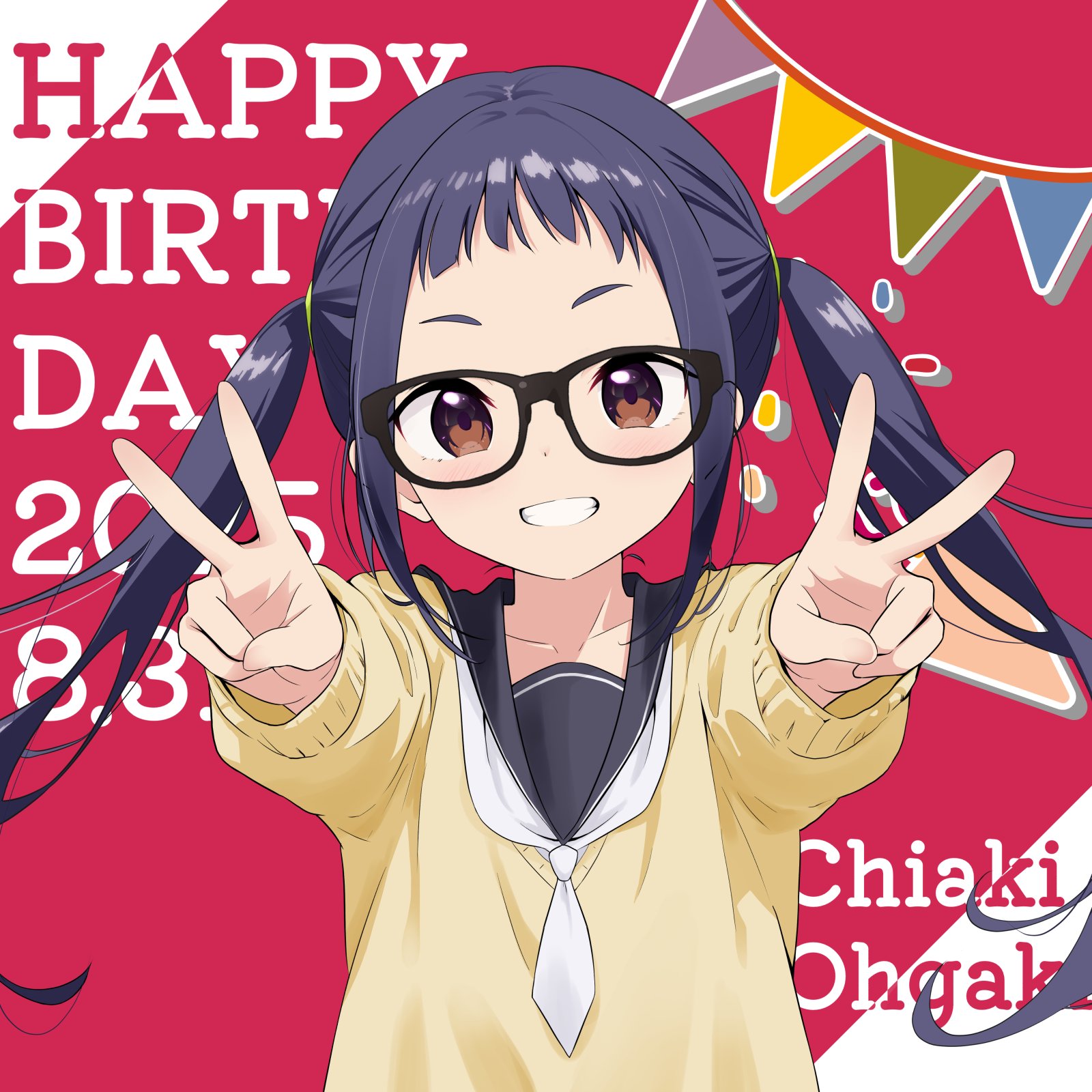 azumawari (azumofu), oogaki chiaki, yurucamp, commentary request, highres, 1girl, black-framed eyewear, black sailor collar, blue hair, blush, brown eyes, character name, collarbone, dated, double v, glasses, grin, happy birthday, long sleeves, looking at viewer, motosu school uniform, neckerchief, outstretched arms, sailor collar, school uniform, serafuku, smile, solo, sweater, text background, twintails, upper body, v, white neckerchief, yellow sweater