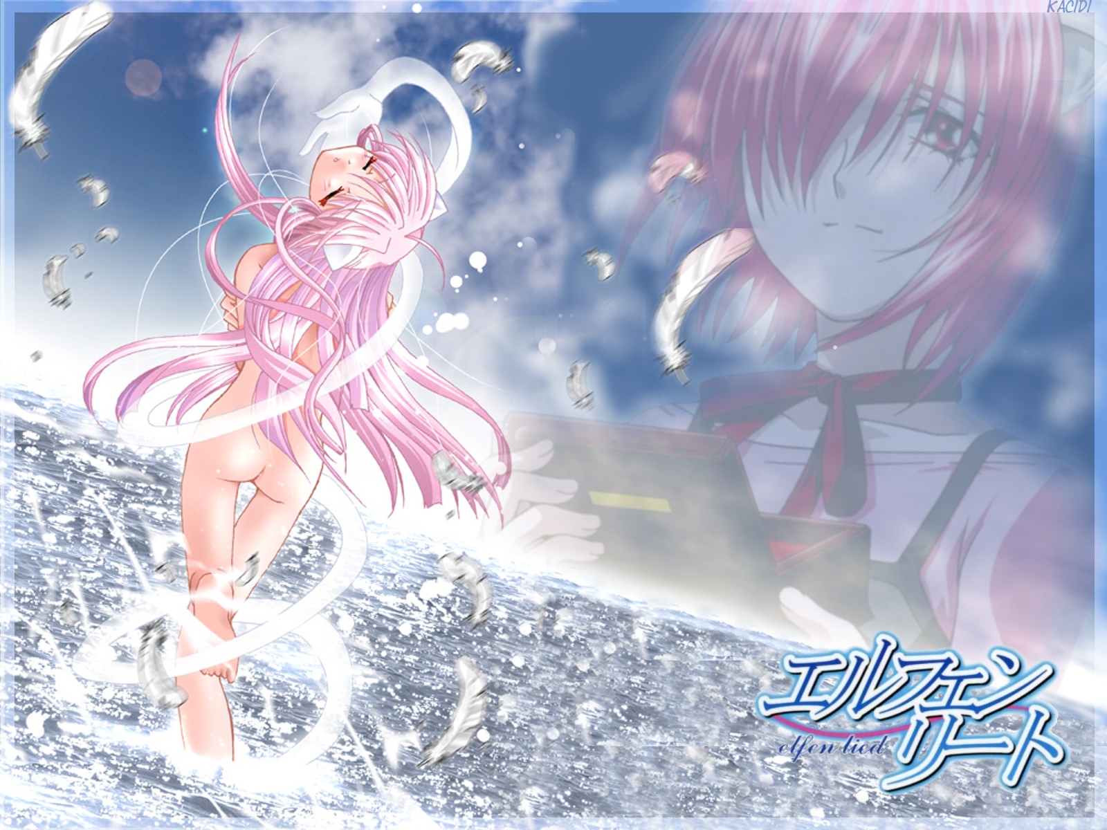 kaede (character), lucy (elfen lied), elfen lied, highres, tagme, 00s, nude, pink hair