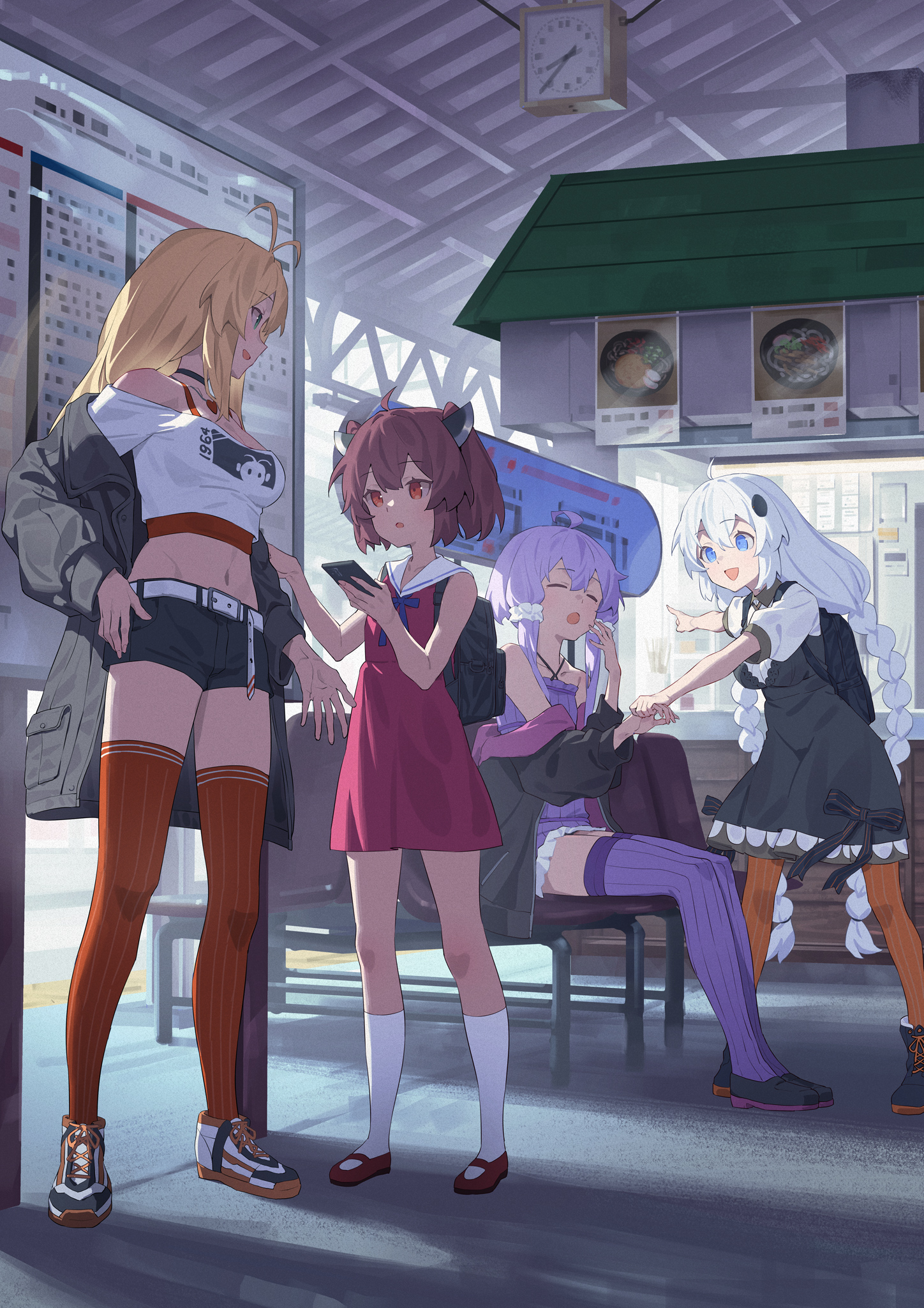 yamamomo (plank), kizuna akari, touhoku kiritan, tsurumaki maki, yuzuki yukari, voiceroid, highres, 4girls, backpack, bag, bare shoulders, black choker, black dress, blonde hair, blue eyes, breasts, brown eyes, brown hair, choker, closed eyes, collarbone, crop top, dress, frilled dress, frills, long hair, low twintails, medium breasts, multiple girls, open mouth, orange thighhighs, outdoors, purple dress, purple eyes, purple thighhighs, red dress, sailor collar, shoes, short hair, shorts, sitting, small breasts, sneakers, standing, stomach, thighhighs, train station, twintails, very long hair, white hair, zettai ryouiki