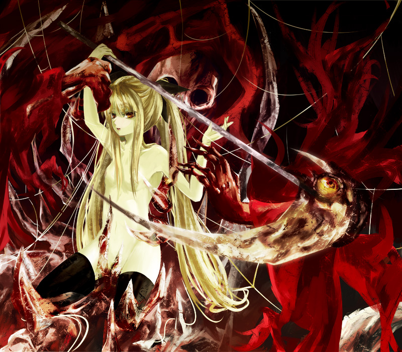 raid slash, tomasu, tsurukame, bardiche (nanoha), death (entity), fate testarossa, lyrical nanoha, mahou shoujo lyrical nanoha, 00s, 1girl, blonde hair, female focus, long hair, nude, red eyes, scythe, solo, thighhighs, twintails, wire