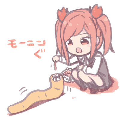 mizuki maya, original, commentary request, lowres, 1girl, black dress, collared shirt, dress, fang, feeding animal, flying sweatdrops, long sleeves, medium hair, pink hair, sharp teeth, shirt, sidelocks, squatting, teeth, twintails, white shirt, worm