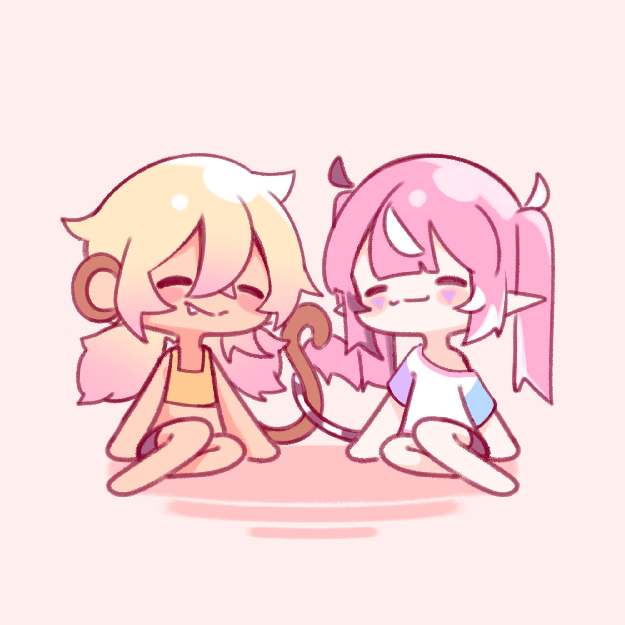 mats kuro, camila (vtuber), koko d. nuts, indie virtual youtuber, commentary, highres, 2girls, = =, ahoge, animal ears, black hair, blonde hair, blush, blush stickers, chibi, closed eyes, closed mouth, crop top, dark-skinned female, dark skin, detached ahoge, facial mark, fang, full body, gradient hair, intertwined tails, long hair, midriff, monkey ears, monkey girl, monkey tail, multicolored hair, multiple girls, pink hair, pointy ears, shirt, simple background, sitting, sleeveless, sleeveless shirt, smile, split mouth, streaked hair, striped tail, tail, triangle, triangle facial mark, twintails, virtual youtuber, white hair, white shirt, yellow shirt